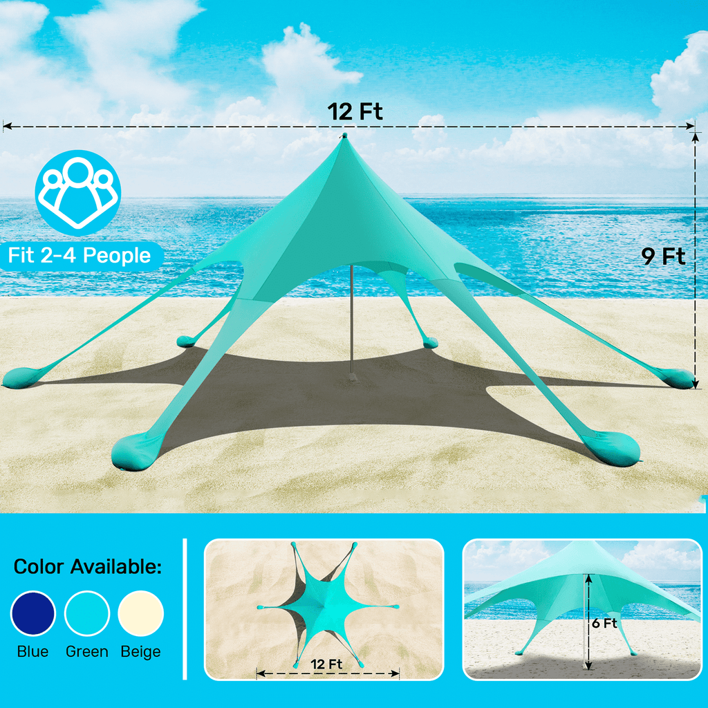 Beach Canopy Tent Sun Shade, VECUKTY 12x12 FT Beach Tent Sun Shelter UPF 50+ UV Protection with Sandbags , 1 Stability Poles and Ground Pegs and Anti-Wind Ropes,Blue