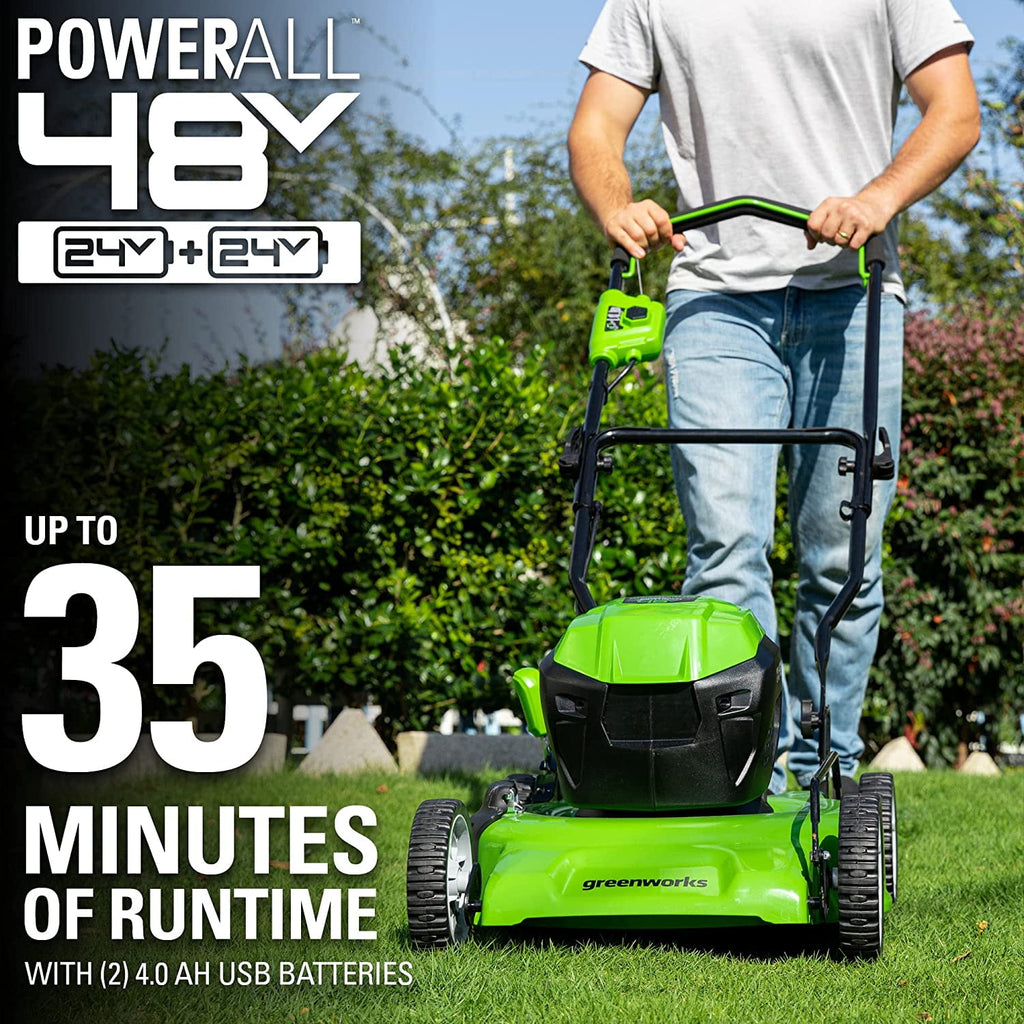 Greenworks 2 x 24V (48V) 19" Brushless Push Lawn Mower, 2 x 4.0Ah USB Batteries and Dual Port Rapid Charger Included