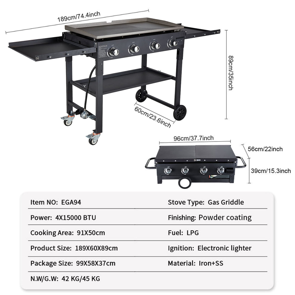 AKIUDEX 4-Burner 36" Propane Outdoor Barbecue Griddle Station Flat Table Top Gas Grill Griddle for Camping