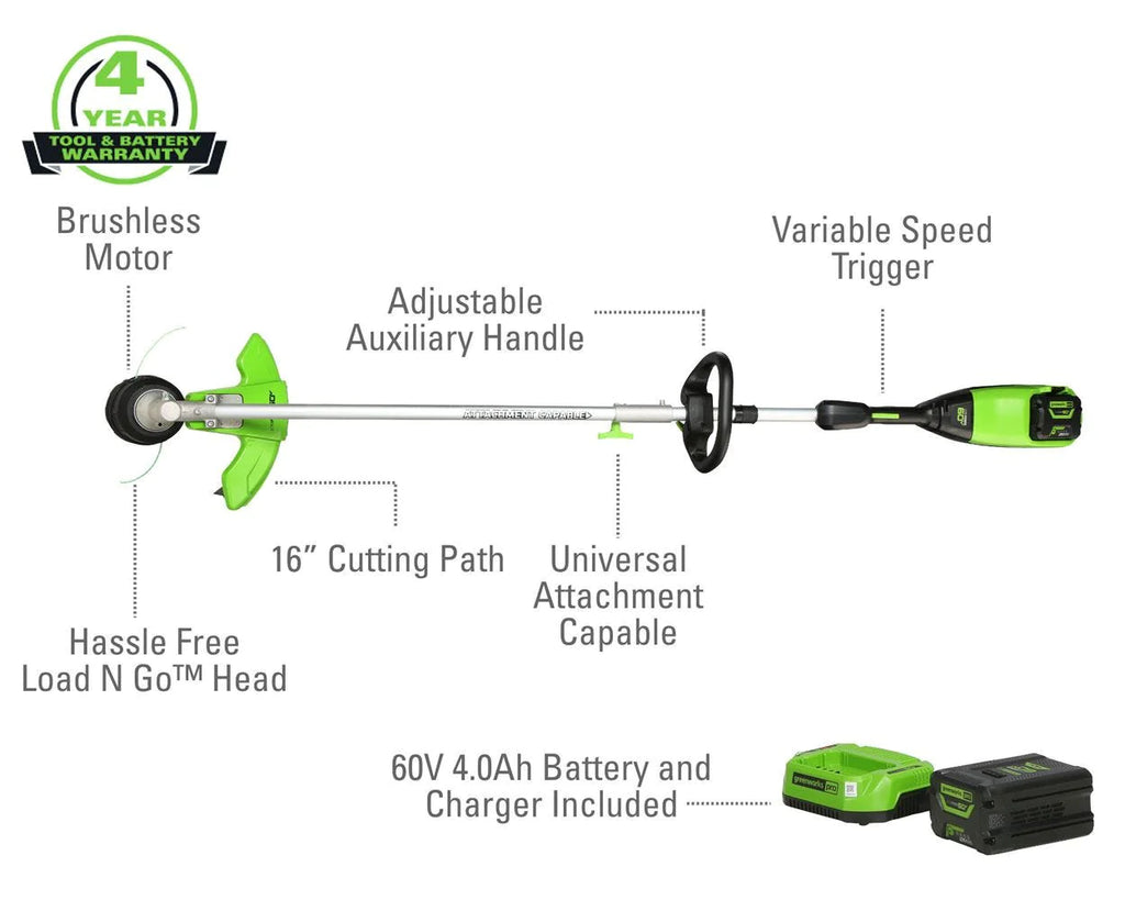 Greenworks 60V 16" Cordless Battery String Trimmer (Attachment Capable) with 4.0Ah Battery & Charger