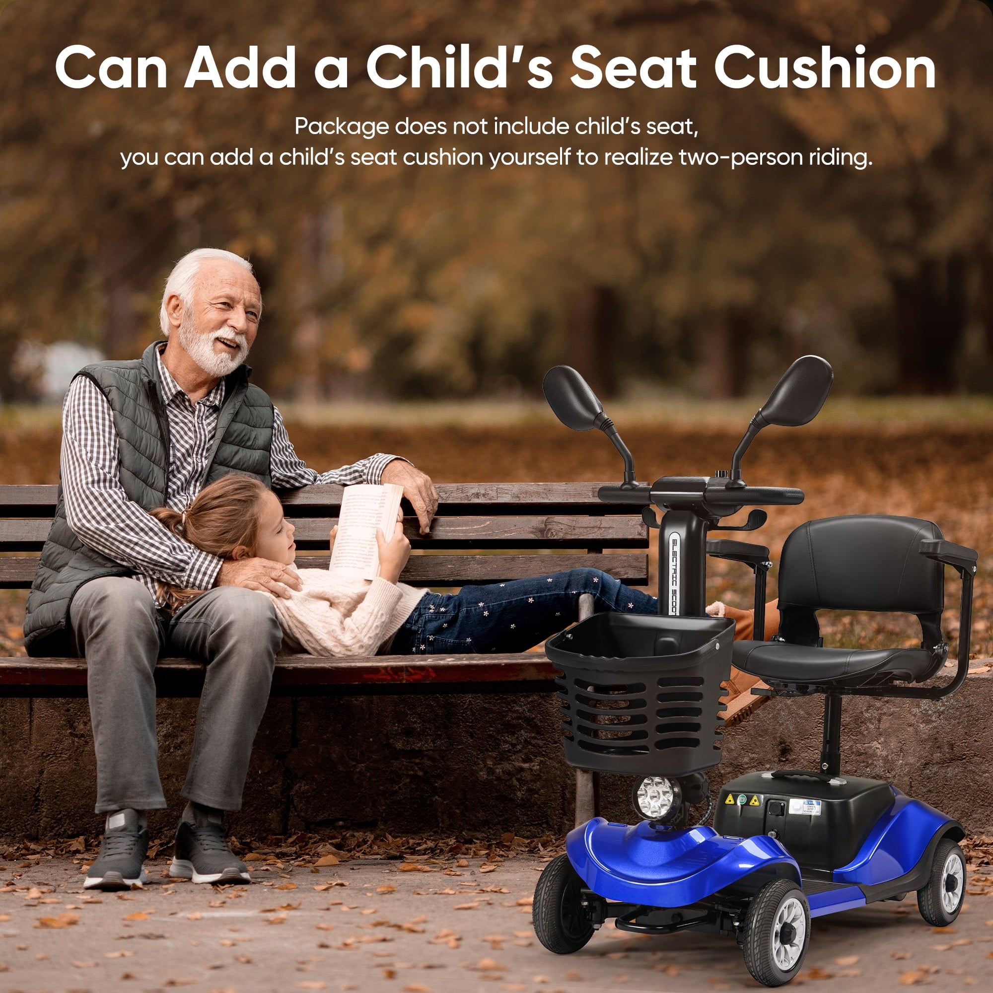 4 Wheels Mobility Scooter Electric Mobility Scooter Wheelchair w/Basket and Extended Battery for Seniors Adults Blue