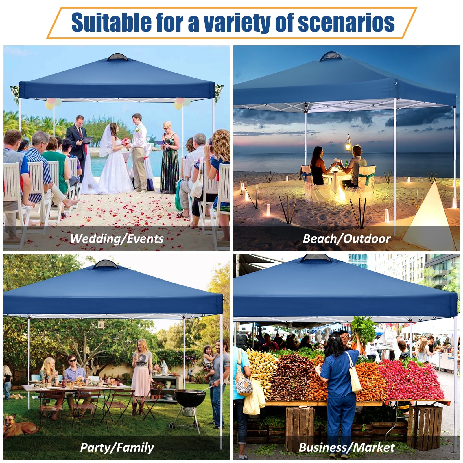 10'x10' EZ Pop Up Canopy with Top Vent, Large Commercial Tent, Waterproof and Sunproof with 4 Removable Sidewalls, Suitable for Weddings come with 4 Sandbags (Black)