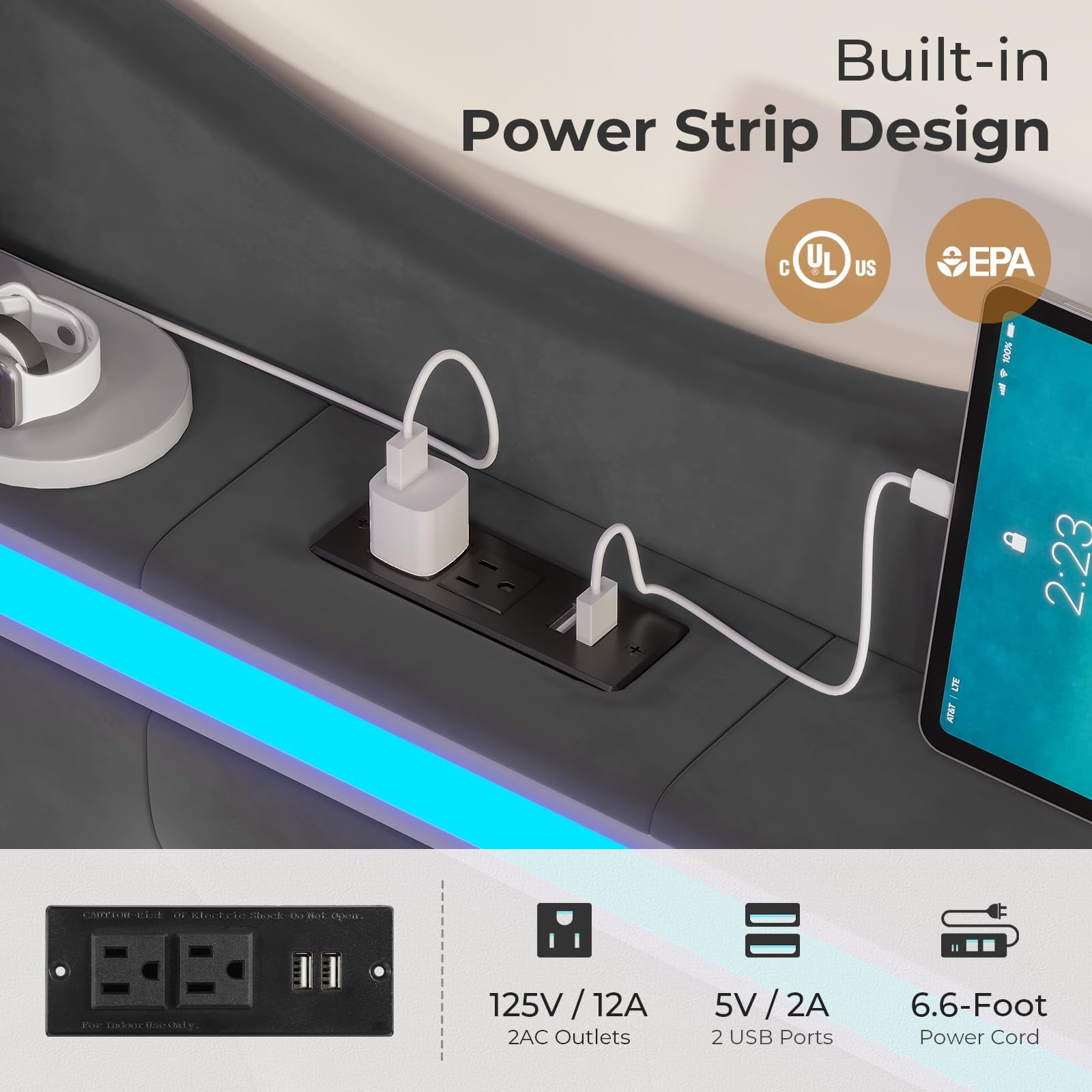 Afuhokles LED Bed Frame King Size with Tall Storage Headboard Footboard, Charging Station, Velvet Upholstered Platform Bed, Gray