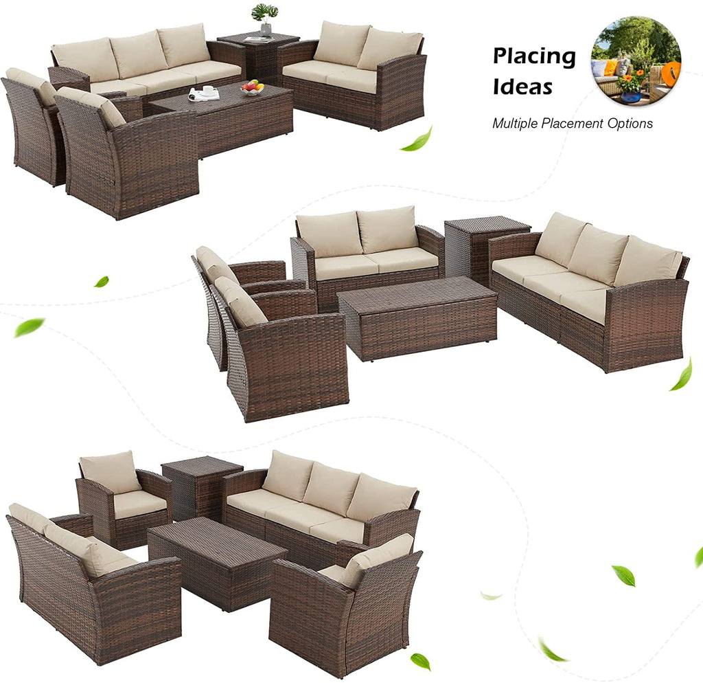 AECOJOY 6 Pieces Outdoor Furniture Set , Patio Rattan Wicker Sectional Sofa Conversation Set, Beige