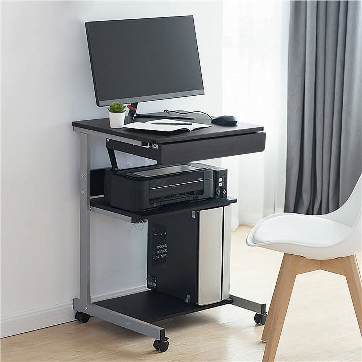 Alden Design Rolling Computer Desk with 2 Storage Shelves and Drawer, Black