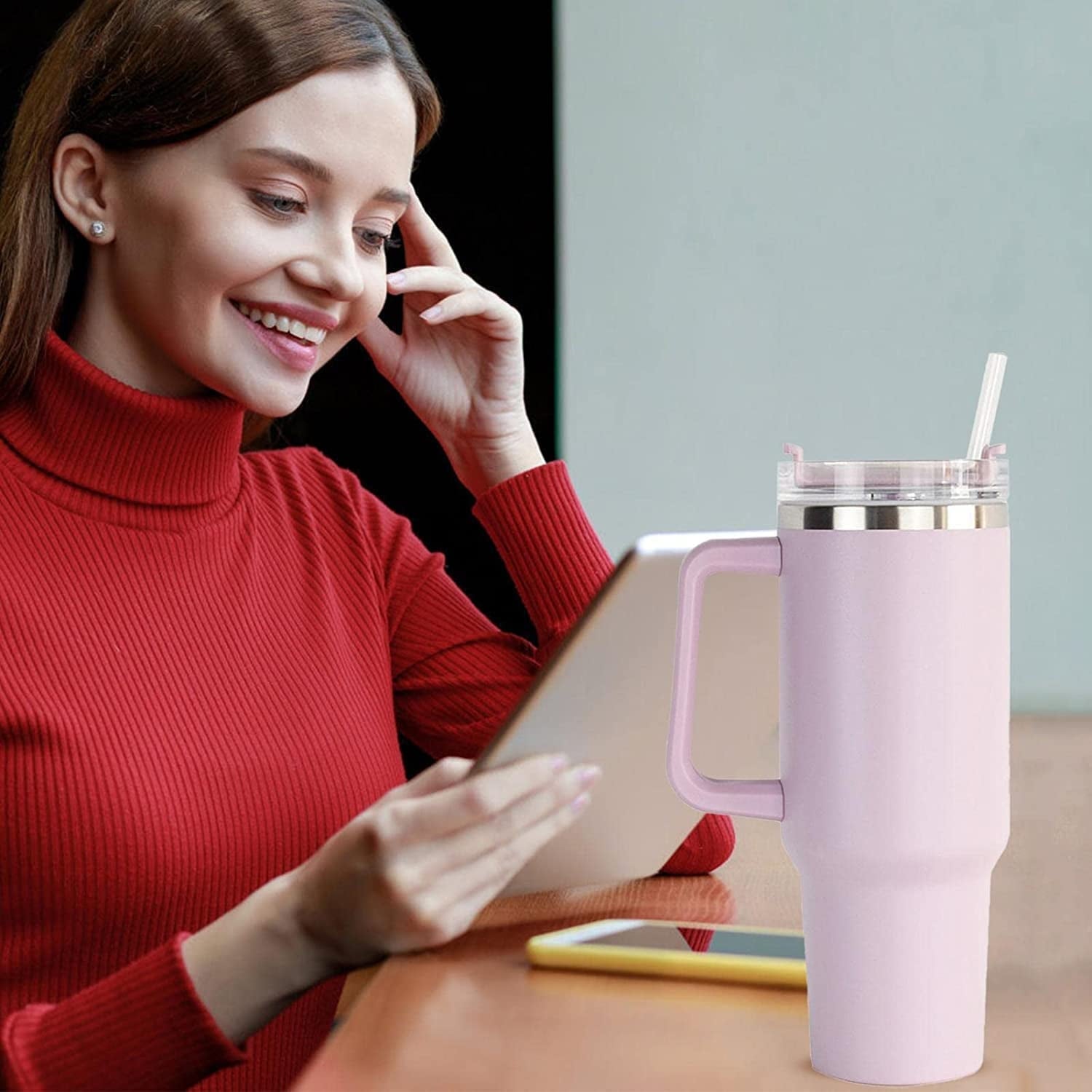 40 oz Tumbler with Handle Stainless Steel Insulated Travel Coffee Mug Double Wall Vacuum Straw for Ice Drinks & Hot