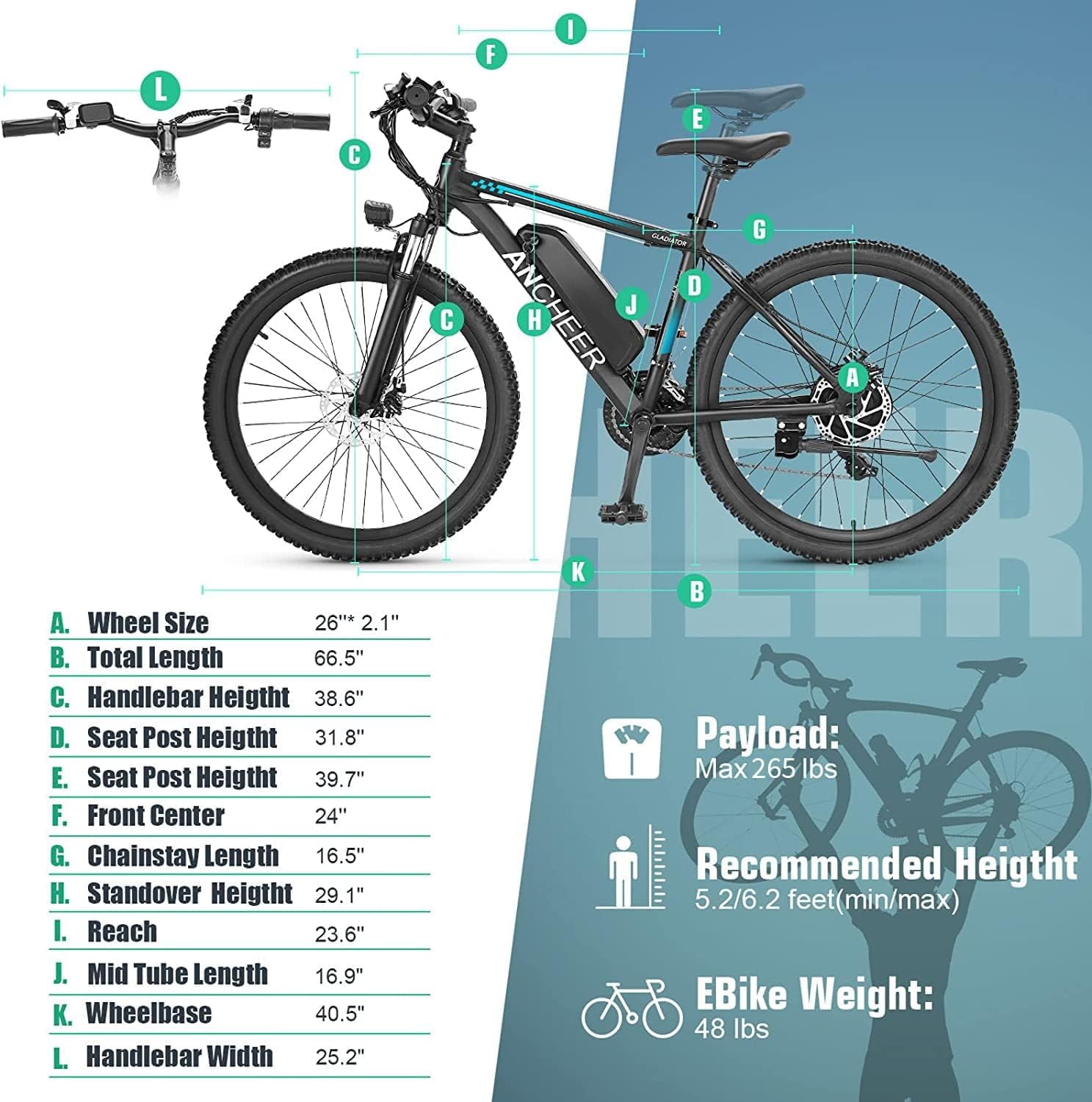 ANCHEER Gladiator 500W 26" Electric Bike for Adults, Electric Mountain Bike with 2.1” eMTB Tire, 48V 10.4Ah Battery, 3H Fast Charge, Shimano 21 Speed, Adults Electric Bicycle