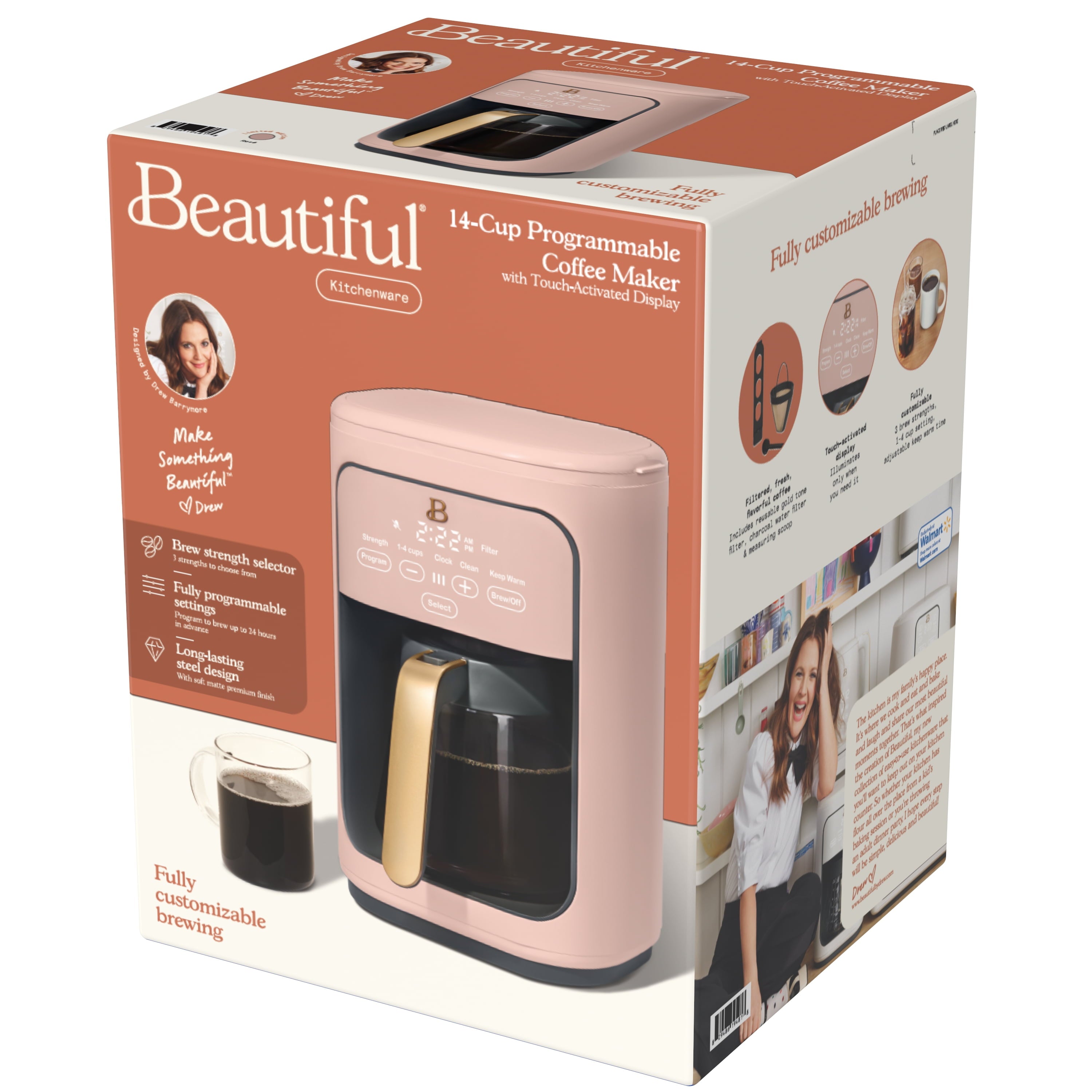 Beautiful 14-Cup Programmable Drip Coffee Maker with Touch-Activated Display, White Icing by Drew Barrymore