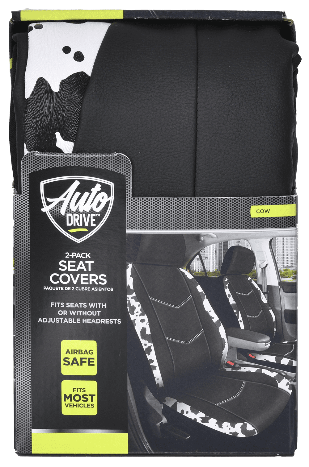 Auto Drive Universal Fit Black,White Cow Faux Leather Car Seat and Headrest Cover, Set of 2