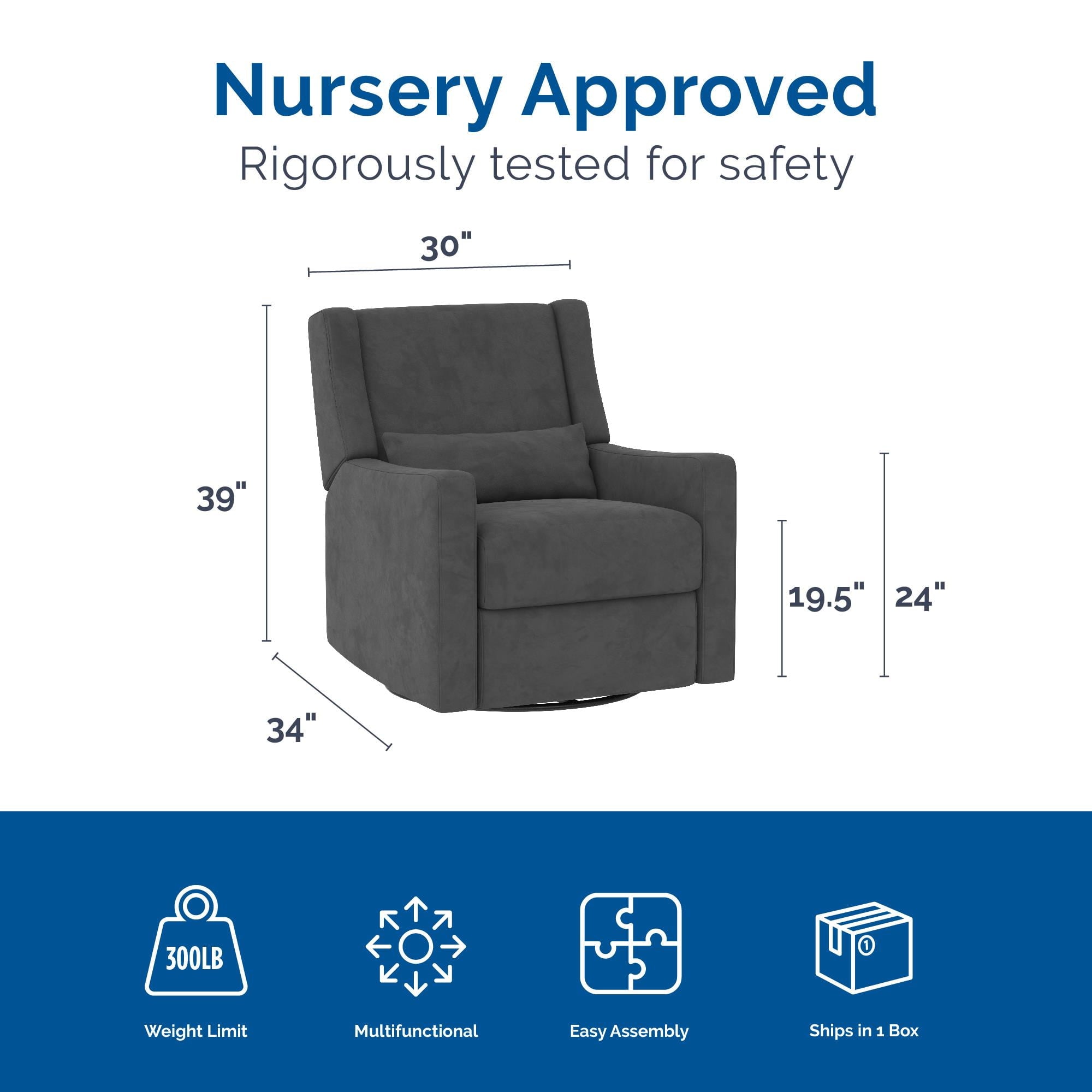 Baby Relax Otto 4-in-1 Nursery Swivel Glider Rocker Power Recliner with USB Ports, Gray Velvet