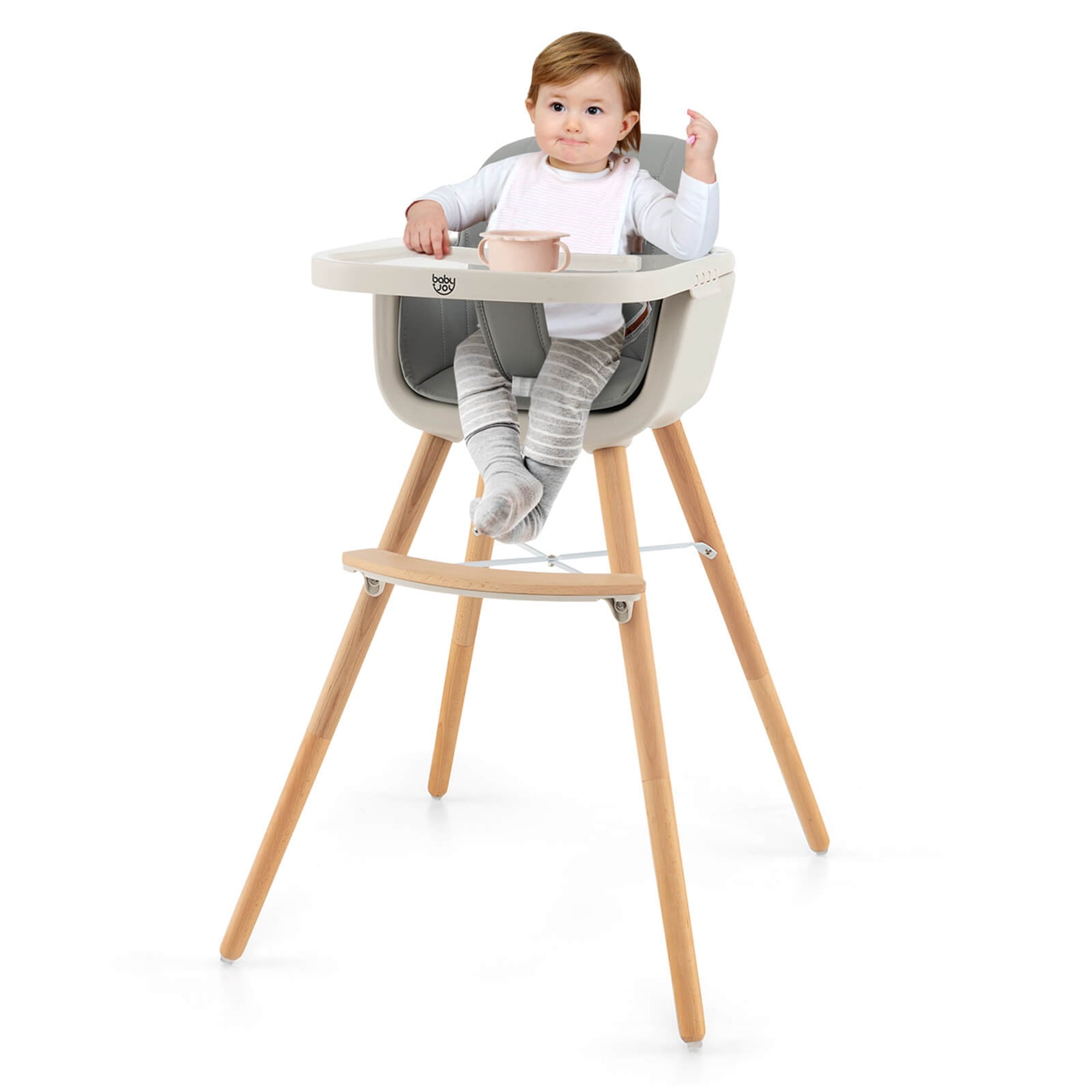 Babyjoy 3 in 1 Convertible Wooden High Chair Toddler Feeding Chair with Cushion Beige
