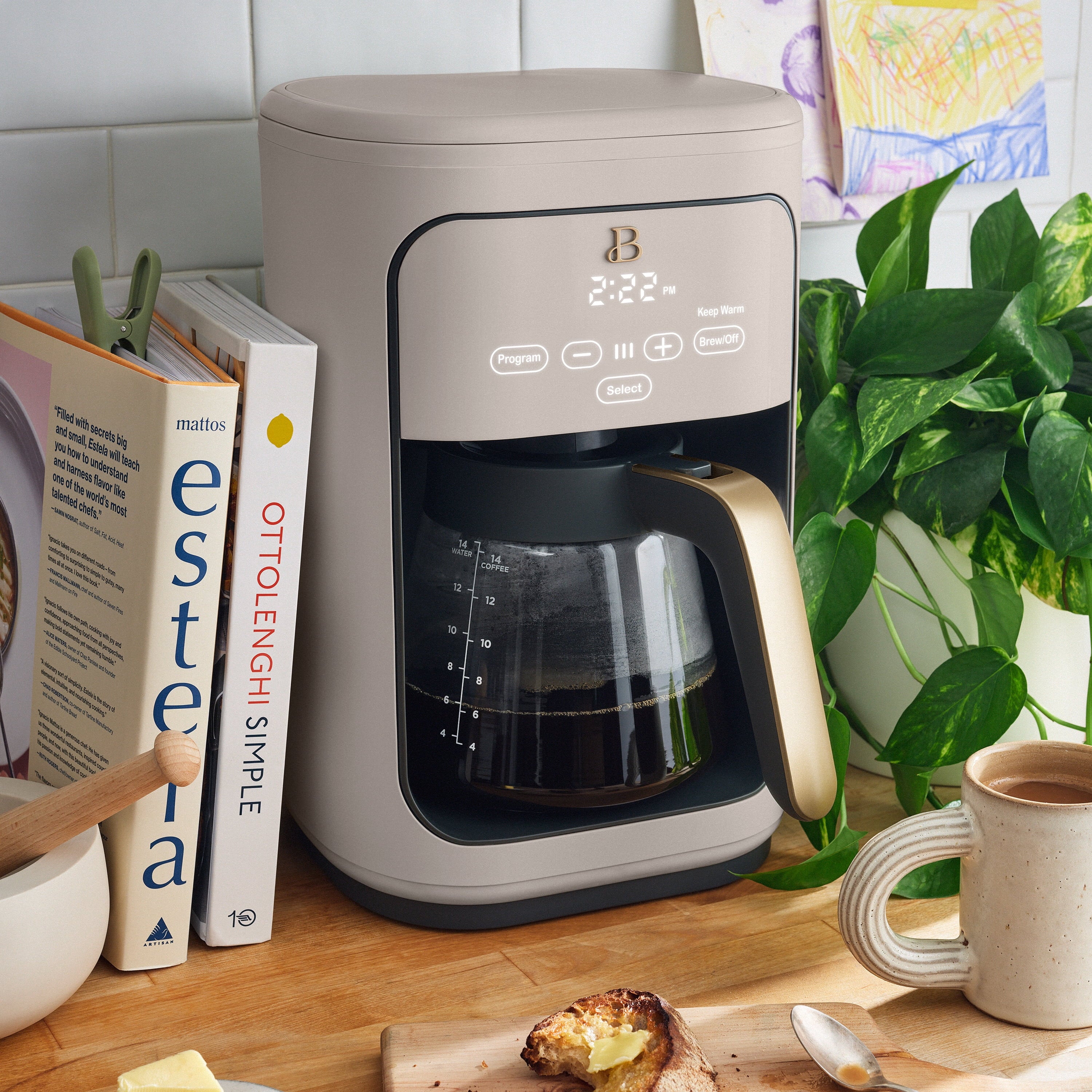Beautiful 14-Cup Programmable Drip Coffee Maker with Touch-Activated Display, White Icing by Drew Barrymore