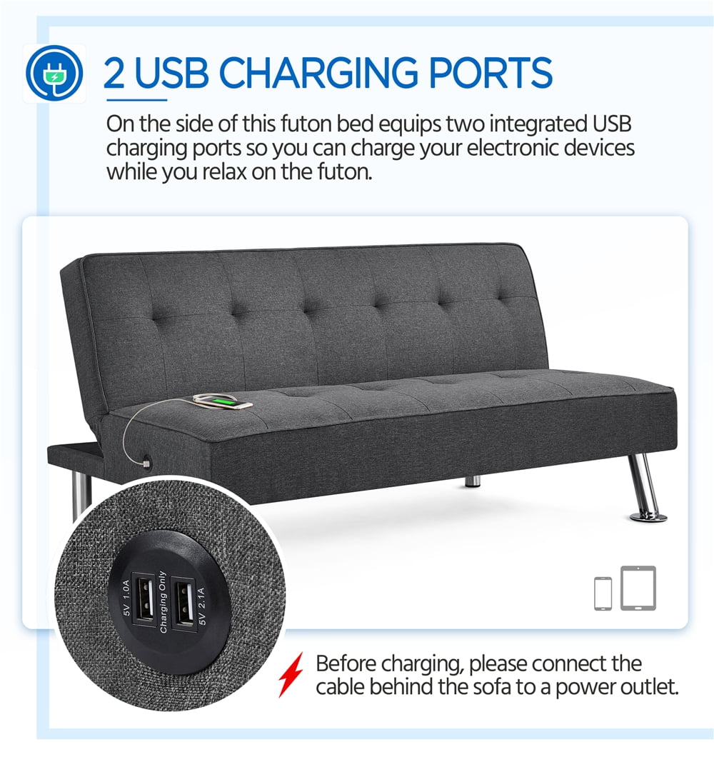 Alden Design Modern Fabric Convertible Futon with USB, Blue