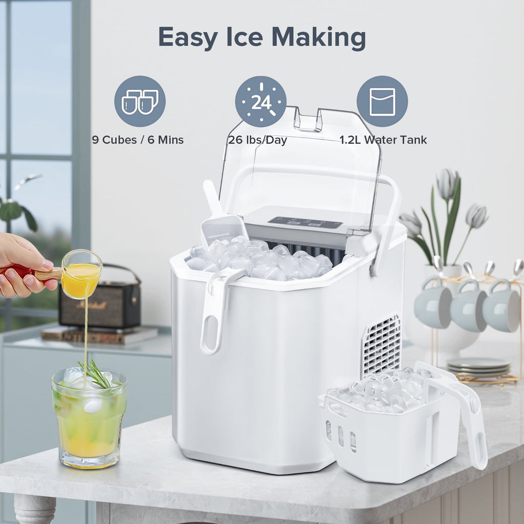 Auseo Countertop Ice Maker, Self-cleaning Portable Ice Maker Machine with Handle and Ice Scoop, Bullet Ice Cubes, 9Pcs/8Min 26Lbs/24H for Home/Office/Bar/Party (Black)