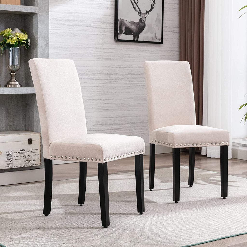 AOKHNBF Dining Chairs Upholstered Living Room Chairs Fabric Padded Parson Chair Kitchen Living Room Armless Side Chair with Silver Nails and Solid Wood Legs (Beige)