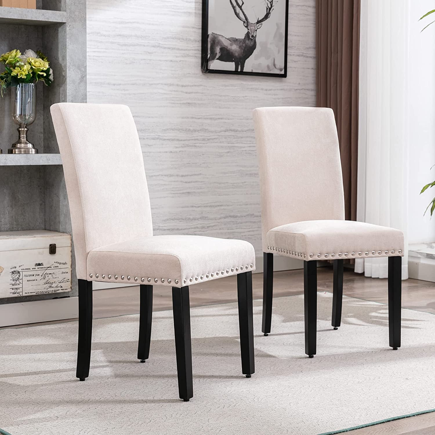 AOKHNBF Dining Chairs Upholstered Living Room Chairs Fabric Padded Parson Chair Kitchen Living Room Armless Side Chair with Silver Nails and Solid Wood Legs (Beige)