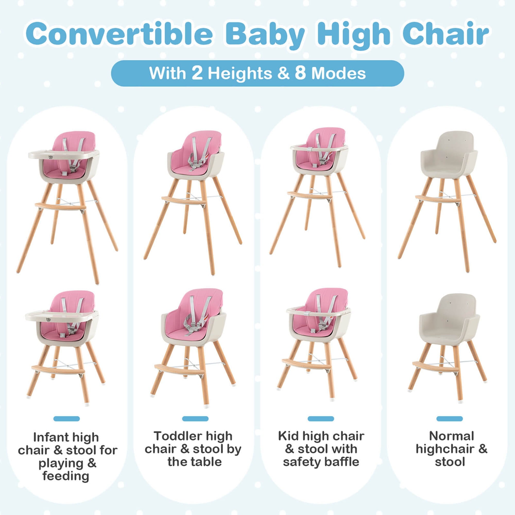 Babyjoy 3 in 1 Convertible Wooden High Chair Baby Toddler Highchair w/ Cushion Beige