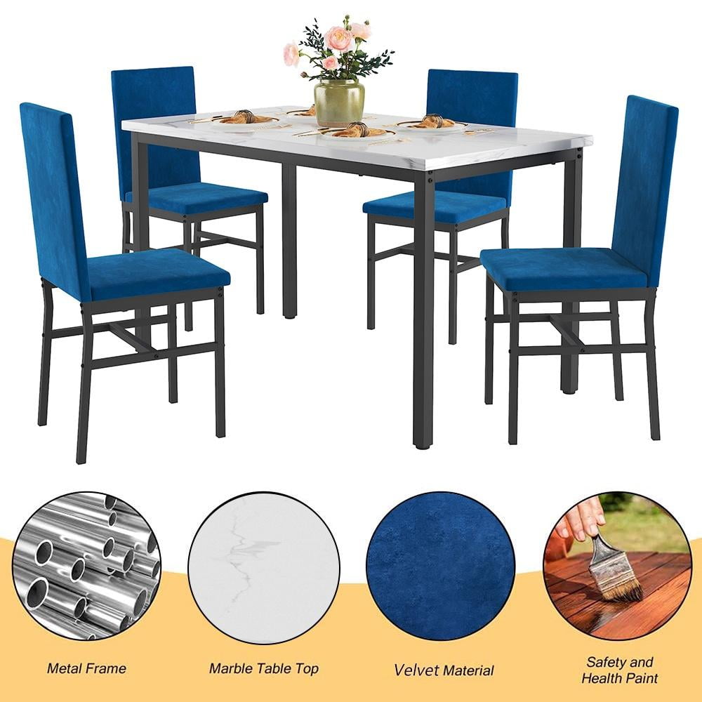 5 Piece Dining Table Set, Modern Faux Marble Tabletop and 4 PU Leather Upholstered Chairs, Rectangle Kitchen Table and Chairs for 4 Persons, Small Dining Set for Bar Dining Room Breakfast Nook