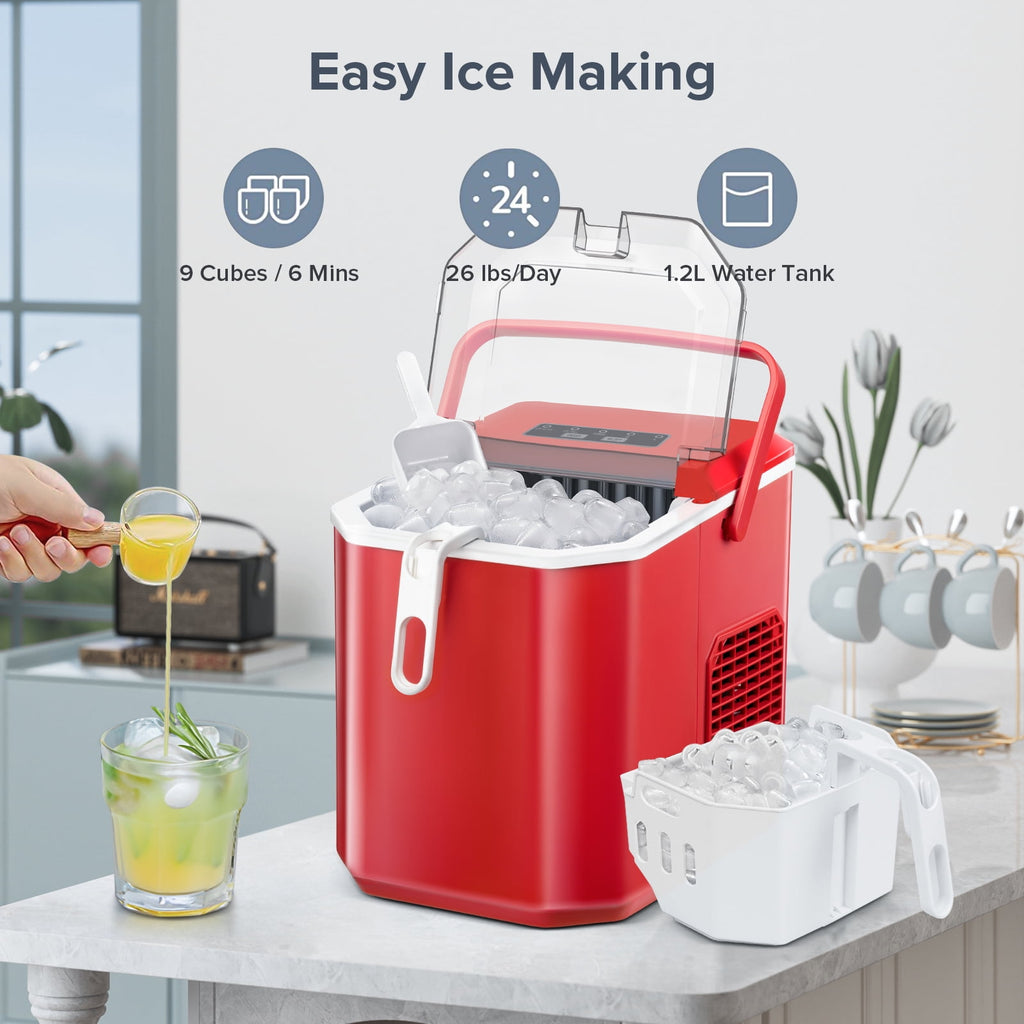 Auseo Countertop Ice Maker, Self-cleaning Portable Ice Maker Machine with Handle and Ice Scoop, Bullet Ice Cubes, 9Pcs/8Min 26Lbs/24H for Home/Office/Bar/Party (Black)