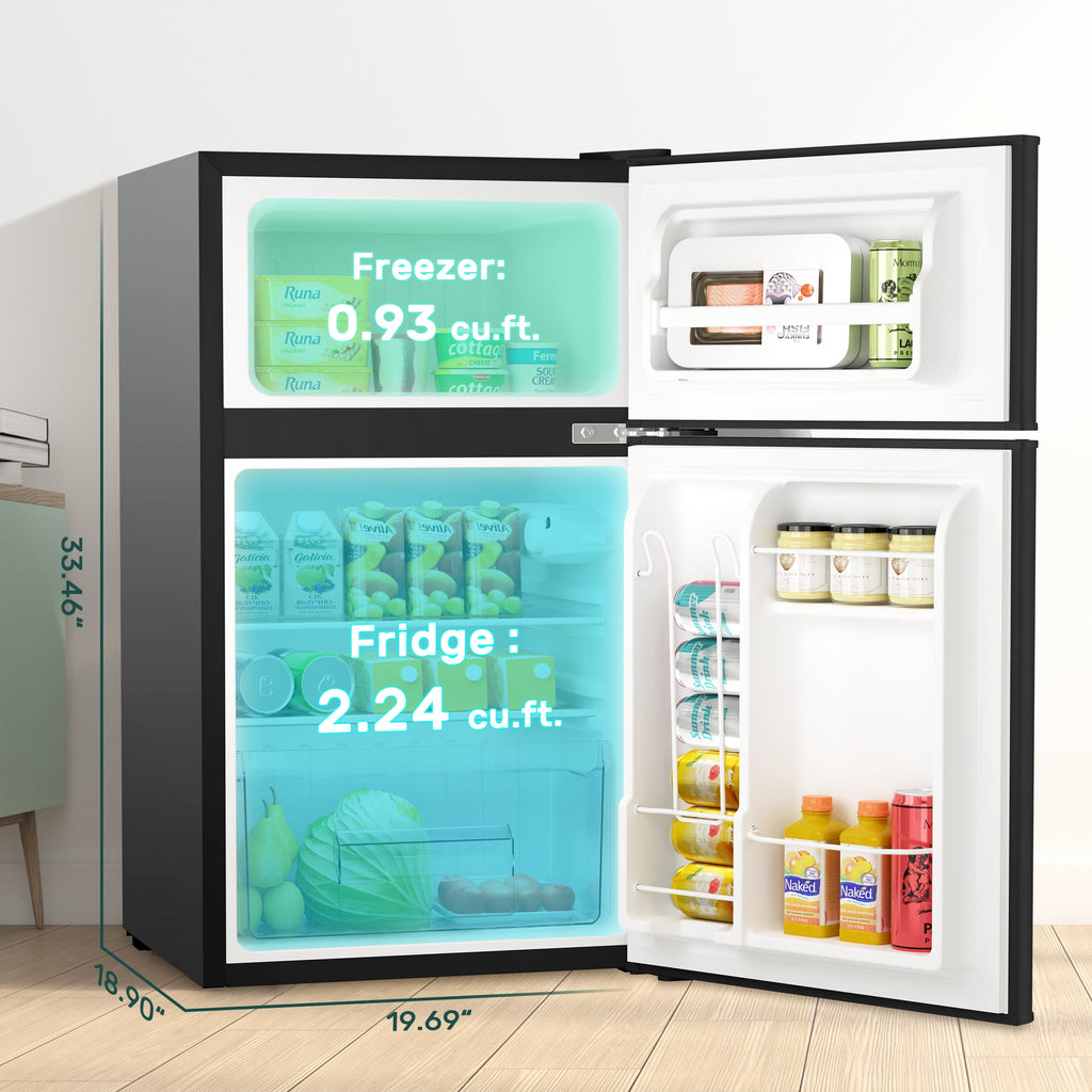 Auseo 3.1 Cu.Ft Double Door Mini Fridge with Freezer, Compact Retro Refrigerator for Dorm, Office, Bar, Bedroom, Black