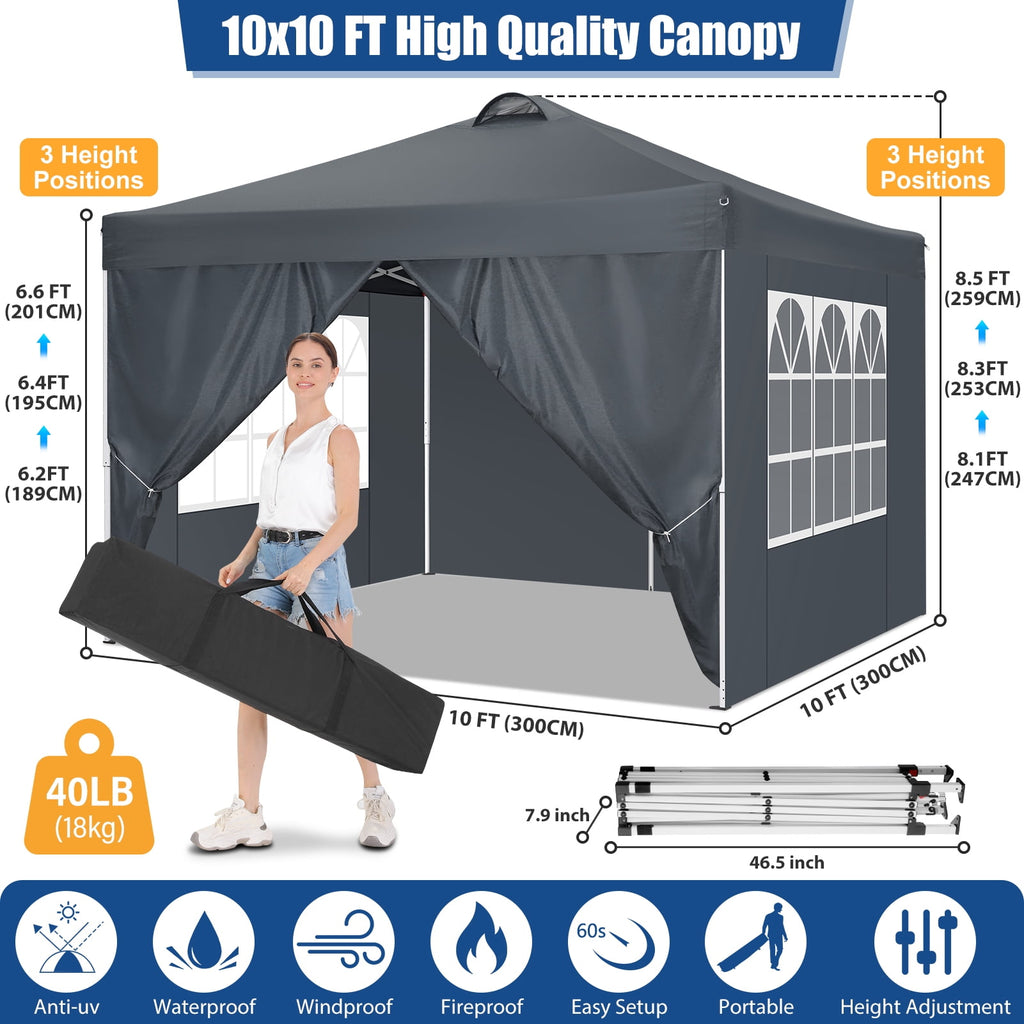 10'x10' EZ Pop Up Canopy with Top Vent, Large Commercial Tent, Waterproof and Sunproof with 4 Removable Sidewalls, Suitable for Weddings come with 4 Sandbags (Black)