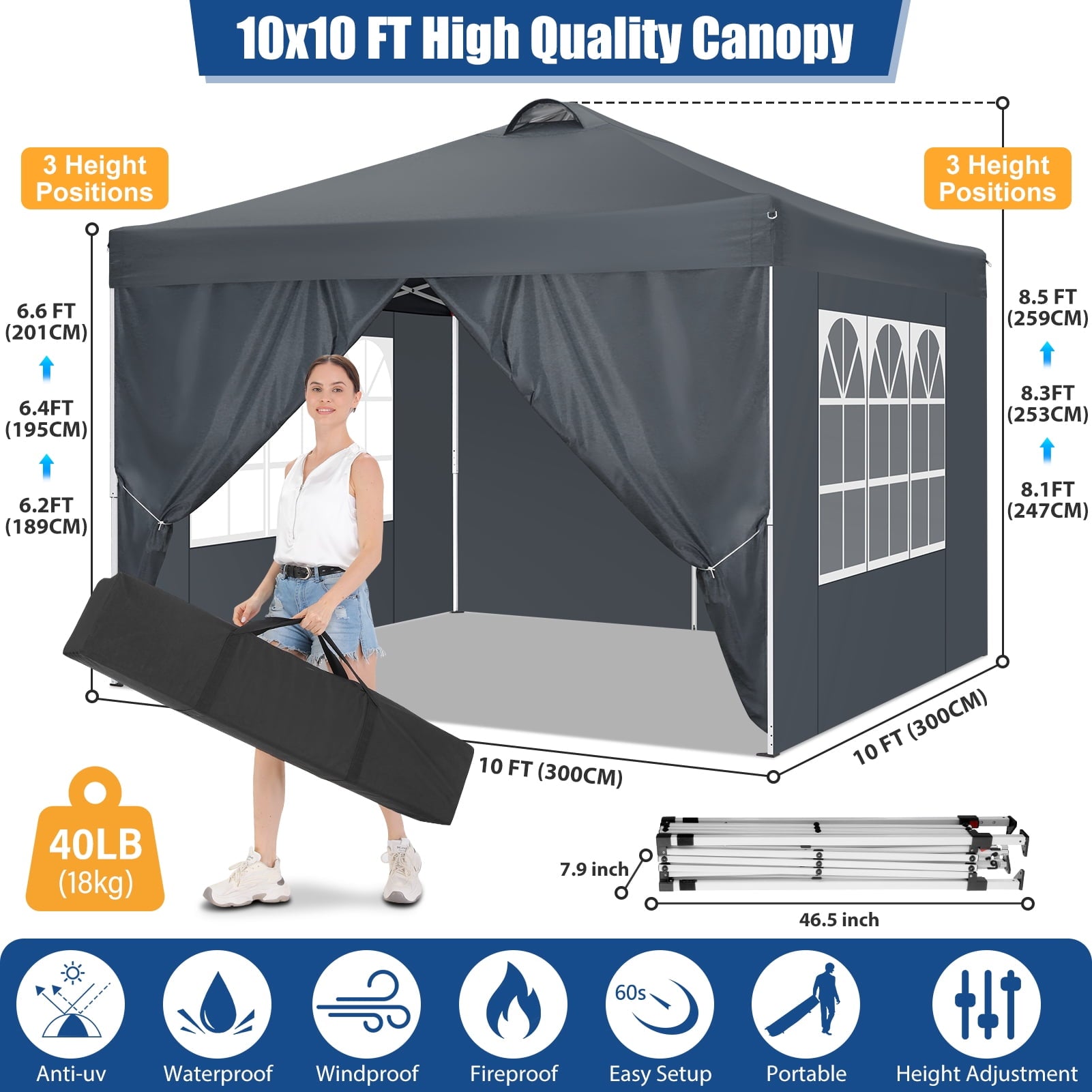 10'x10' EZ Pop Up Canopy with Top Vent, Large Commercial Tent, Waterproof and Sunproof with 4 Removable Sidewalls, Suitable for Weddings come with 4 Sandbags (Black)