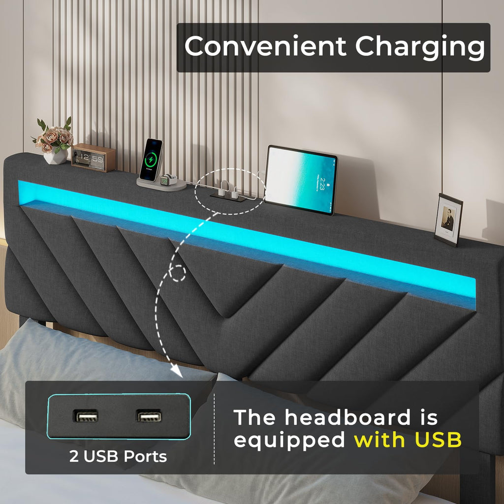 Afuhokles Queen Bed Frame with LED Lights Headboard, 4 Drawers,2 USB Charging Station, Upholstered Platform Bed, Dark Gray