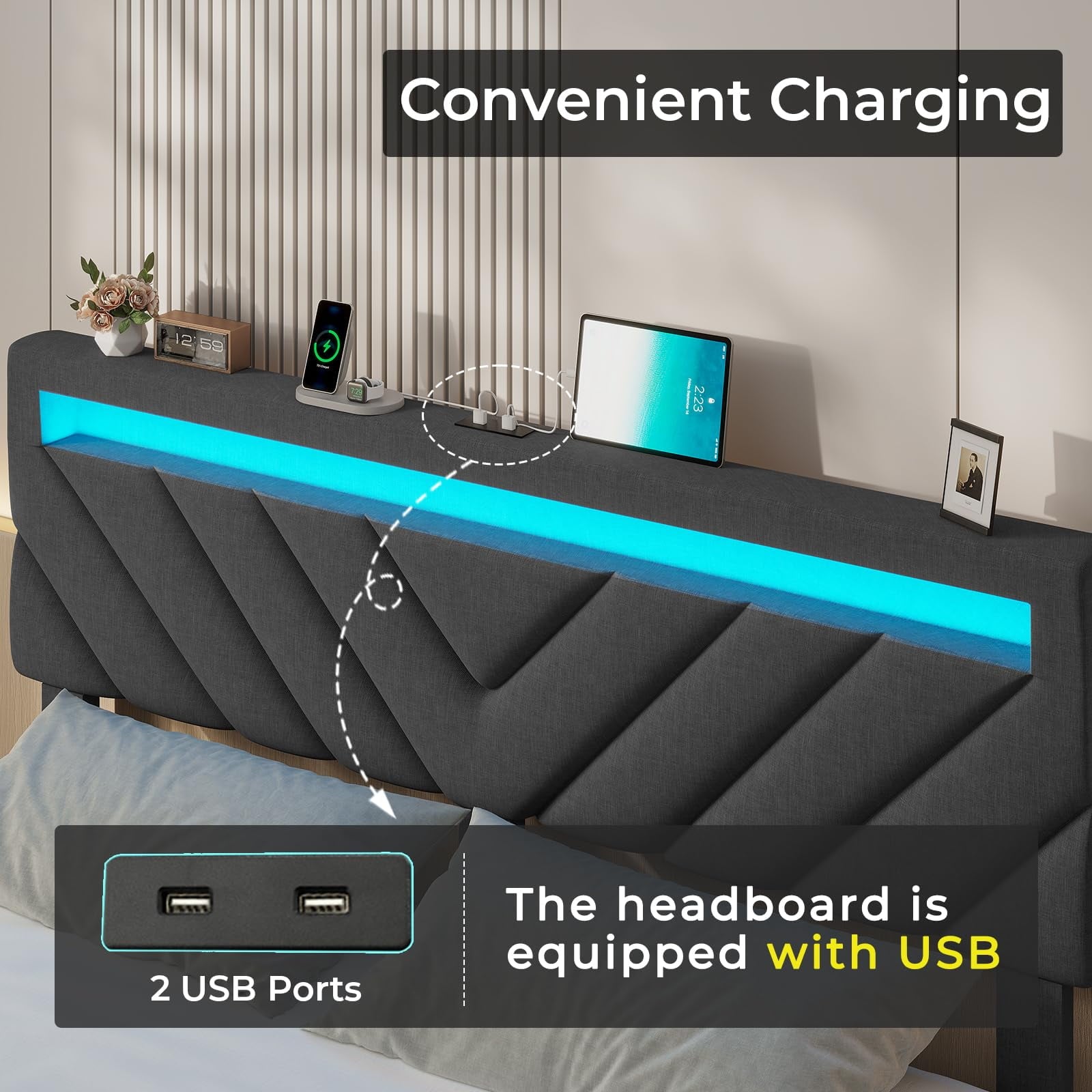 Afuhokles Queen Bed Frame with LED Lights Headboard, 4 Drawers,2 USB Charging Station, Upholstered Platform Bed, Dark Gray