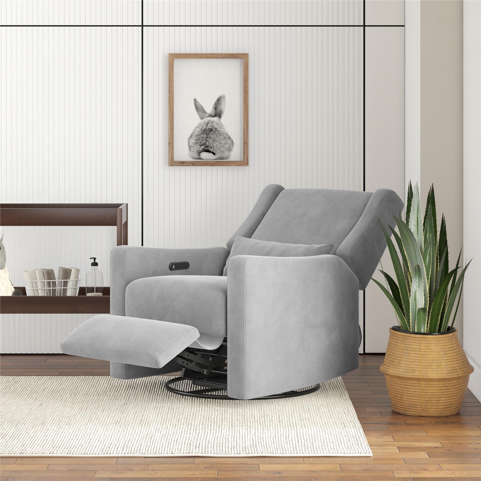 Baby Relax Otto 4-in-1 Nursery Swivel Glider Rocker Power Recliner with USB Ports, Gray Velvet