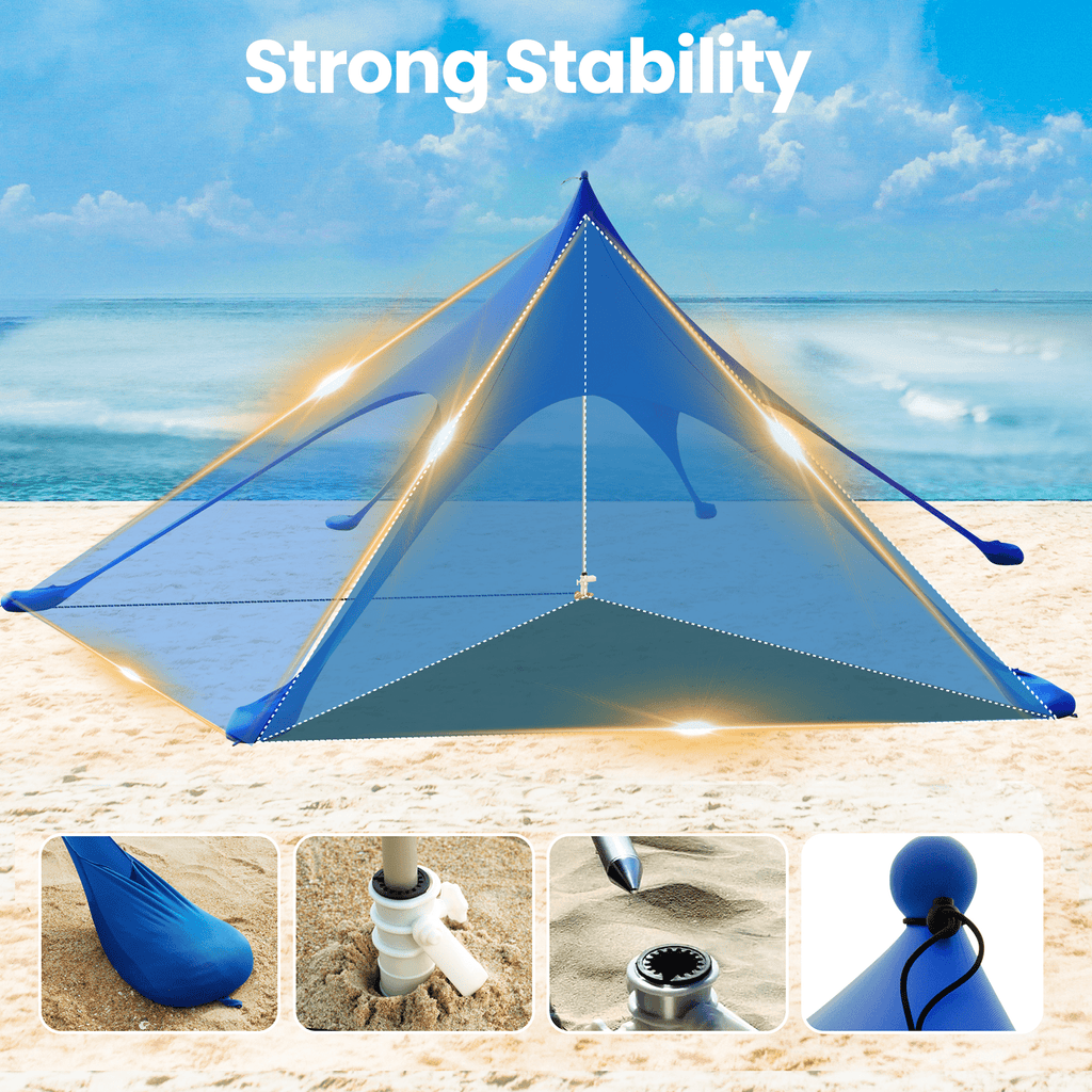 Beach Canopy Tent Sun Shade, VECUKTY 12x12 FT Beach Tent Sun Shelter UPF 50+ UV Protection with Sandbags , 1 Stability Poles and Ground Pegs and Anti-Wind Ropes,Blue