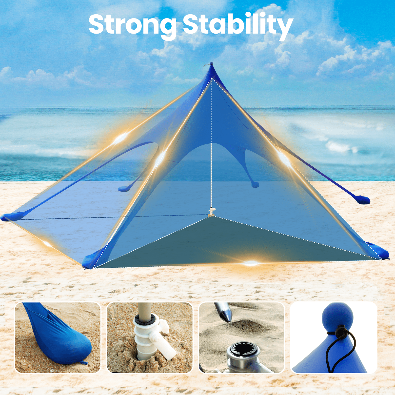 Beach Canopy Tent Sun Shade, VECUKTY 12x12 FT Beach Tent Sun Shelter UPF 50+ UV Protection with Sandbags , 1 Stability Poles and Ground Pegs and Anti-Wind Ropes,Blue