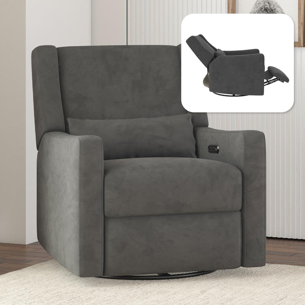 Baby Relax Otto 4-in-1 Nursery Swivel Glider Rocker Power Recliner with USB Ports, Gray Velvet