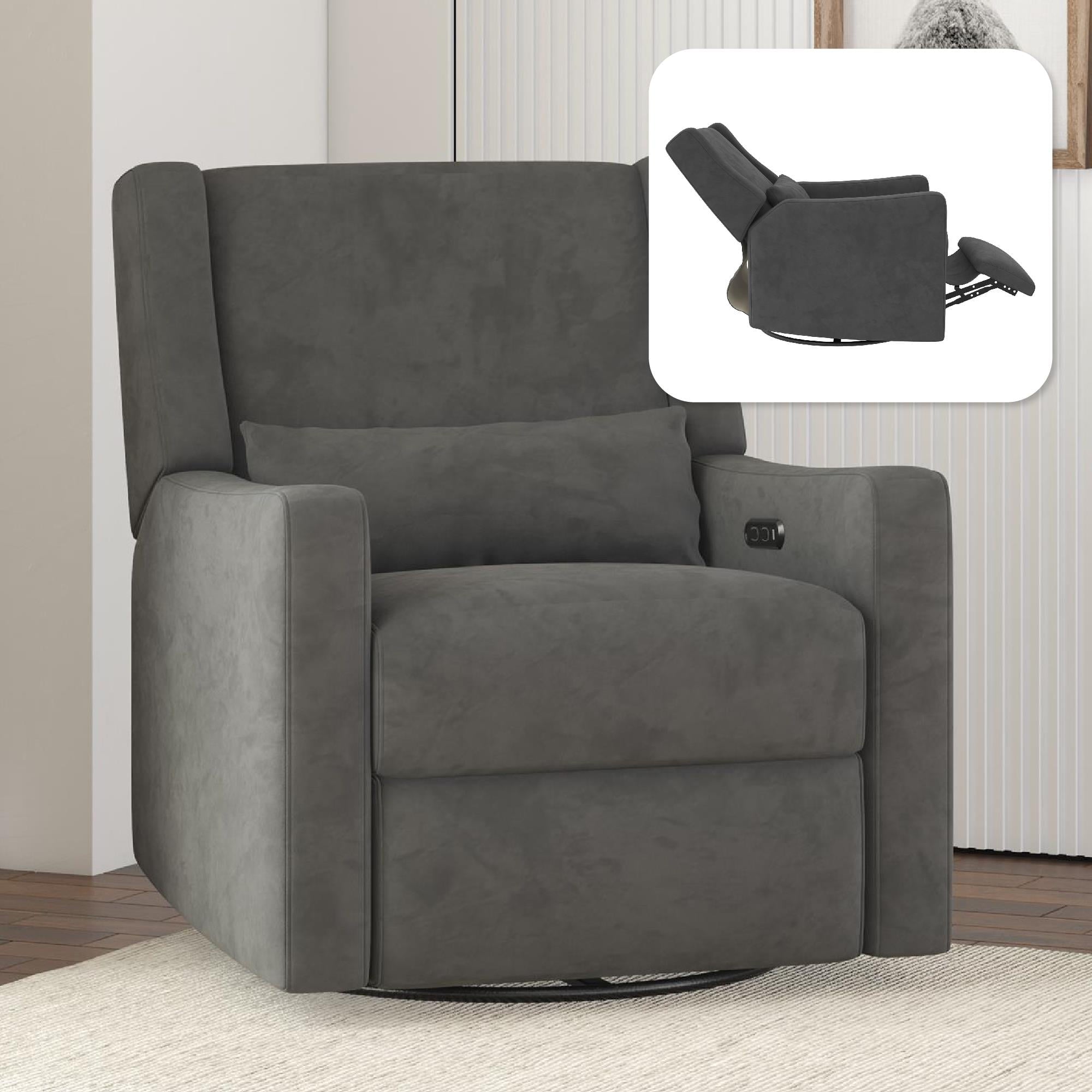 Baby Relax Otto 4-in-1 Nursery Swivel Glider Rocker Power Recliner with USB Ports, Gray Velvet