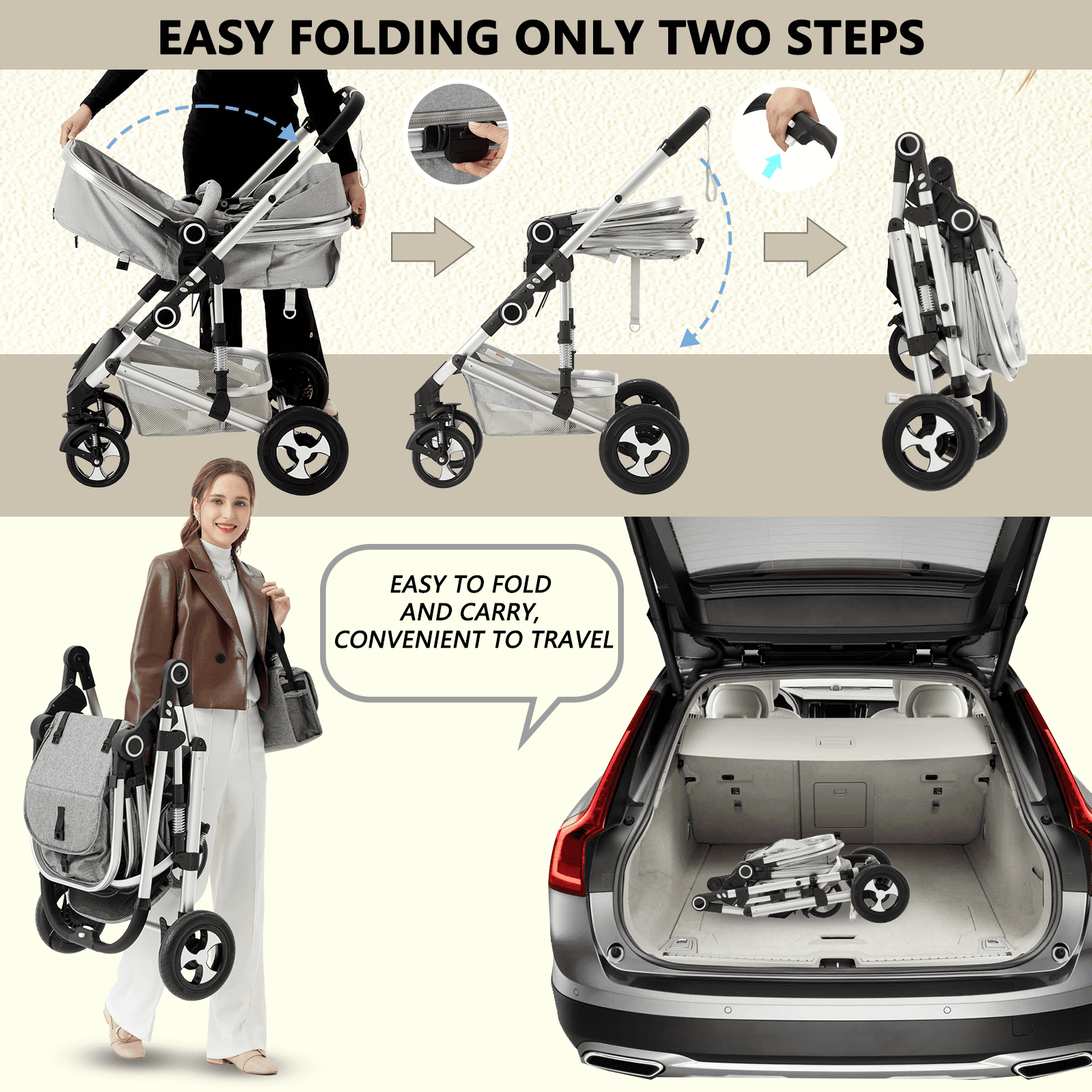 AILEEKISS 2 in 1 Convertible Baby Stroller, Unisex Folding Infant Newborn Bassinet Pram, Dark Grey