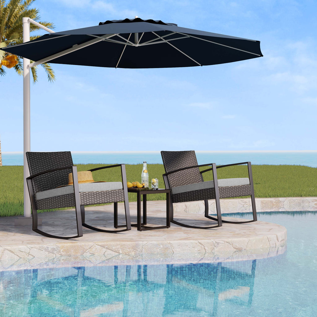 3 Piece Patio Bistro Set, Outdoor Furniture Rocking Chair Set with Glass Table, Beige Cushion