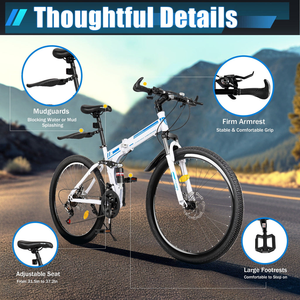 26" Mountain Bike 21-Speed Folding Men Women Bikes Dual Disc Brake MTB Bicycle