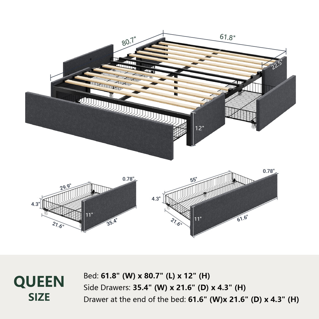 Amolife Queen Size Upholstered Platform Bed Frame with 3 Storage Drawers and Wooden Slats, Dark Gray