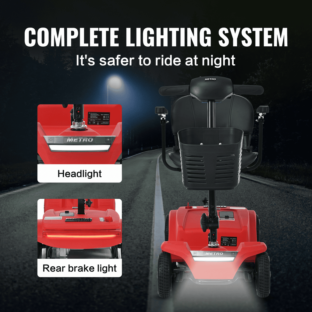 4 Wheels Mobility Scooter, Folding Lightweight Travel Mobility Scooter with Front & Rear LED Light, Heavy Duty Electric Motorized Scooters for Seniors Adults, Compact Mobility Scooter, Red