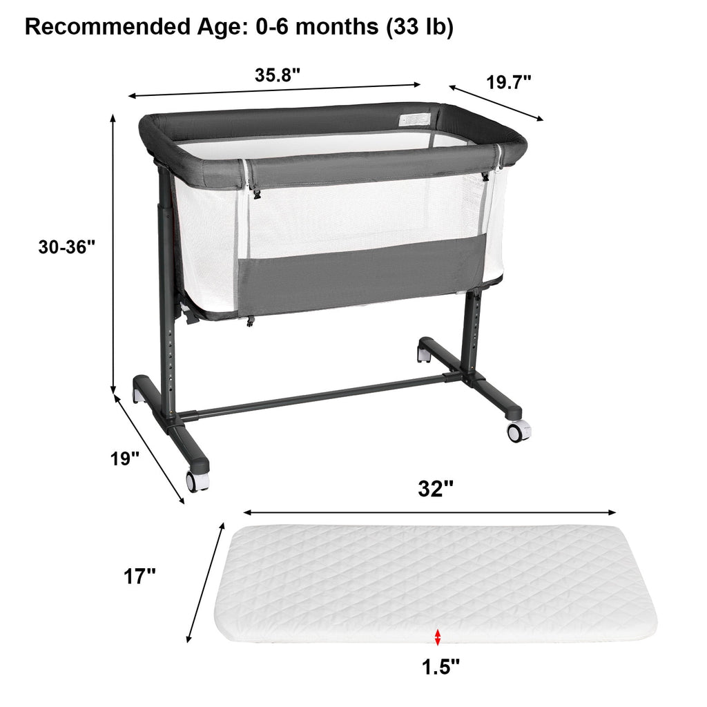AILEEKISS Baby Bassinet with Wheels Adjustable Bedside Sleeper Bassinet Newborn Baby Crib, Grey