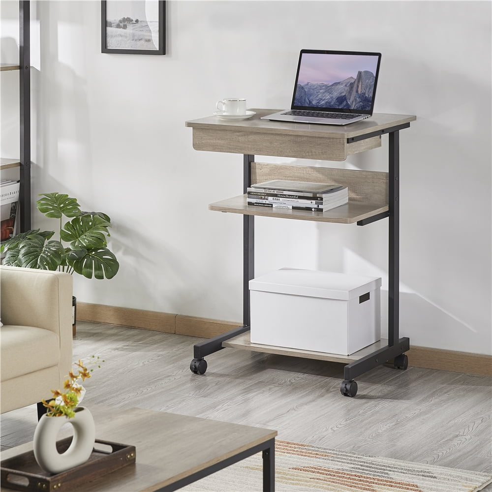 Alden Design Rolling Computer Desk with 2 Storage Shelves and Drawer, Black
