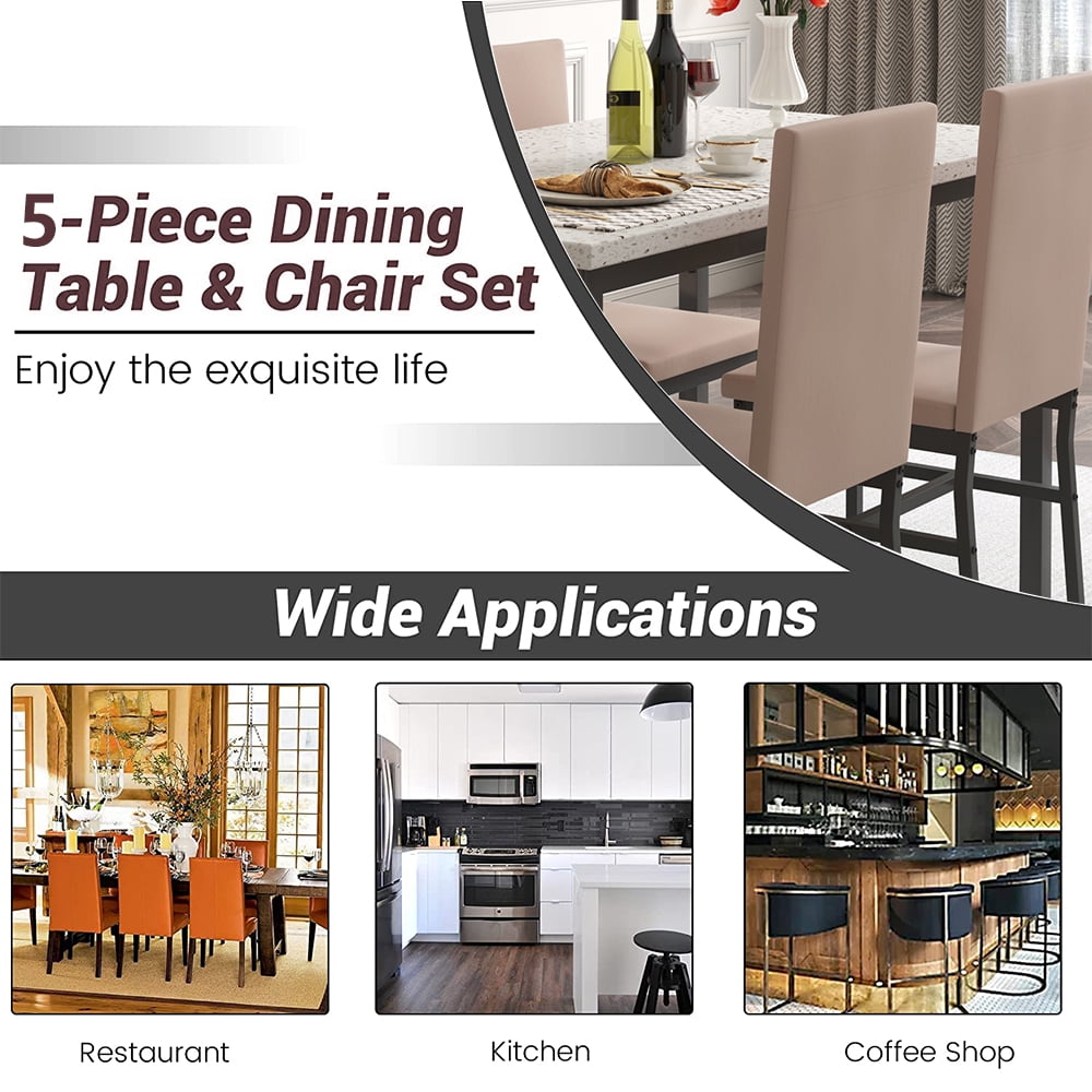 5 Piece Dining Table Set, Modern Faux Marble Tabletop and 4 PU Leather Upholstered Chairs, Rectangle Kitchen Table and Chairs for 4 Persons, Small Dining Set for Bar Dining Room Breakfast Nook