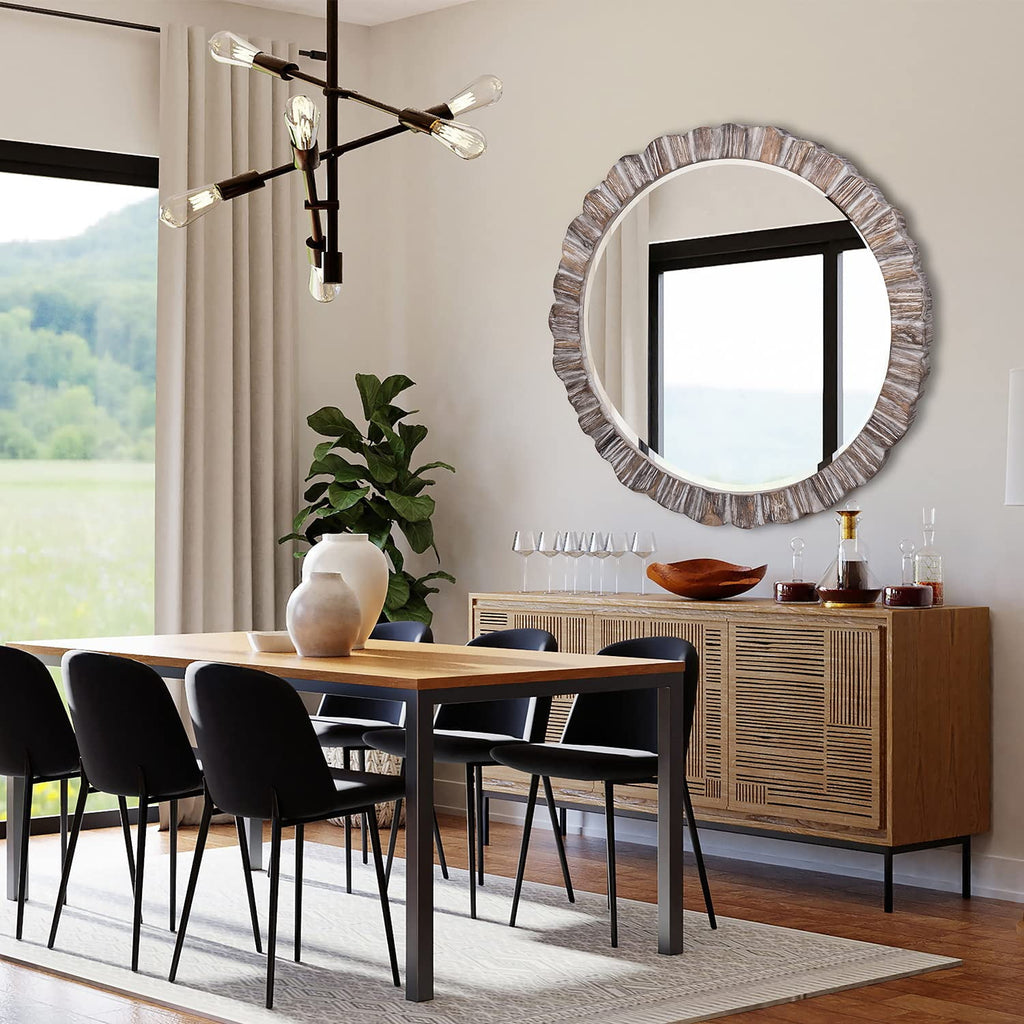 35" Wood Round Mirror, Rustic Wall Mirror with Thick Frame, Large Round Mirror for Wall Decor, Wooden Circle Beveled Mirror for Entryway, Farmhouse, Washed White