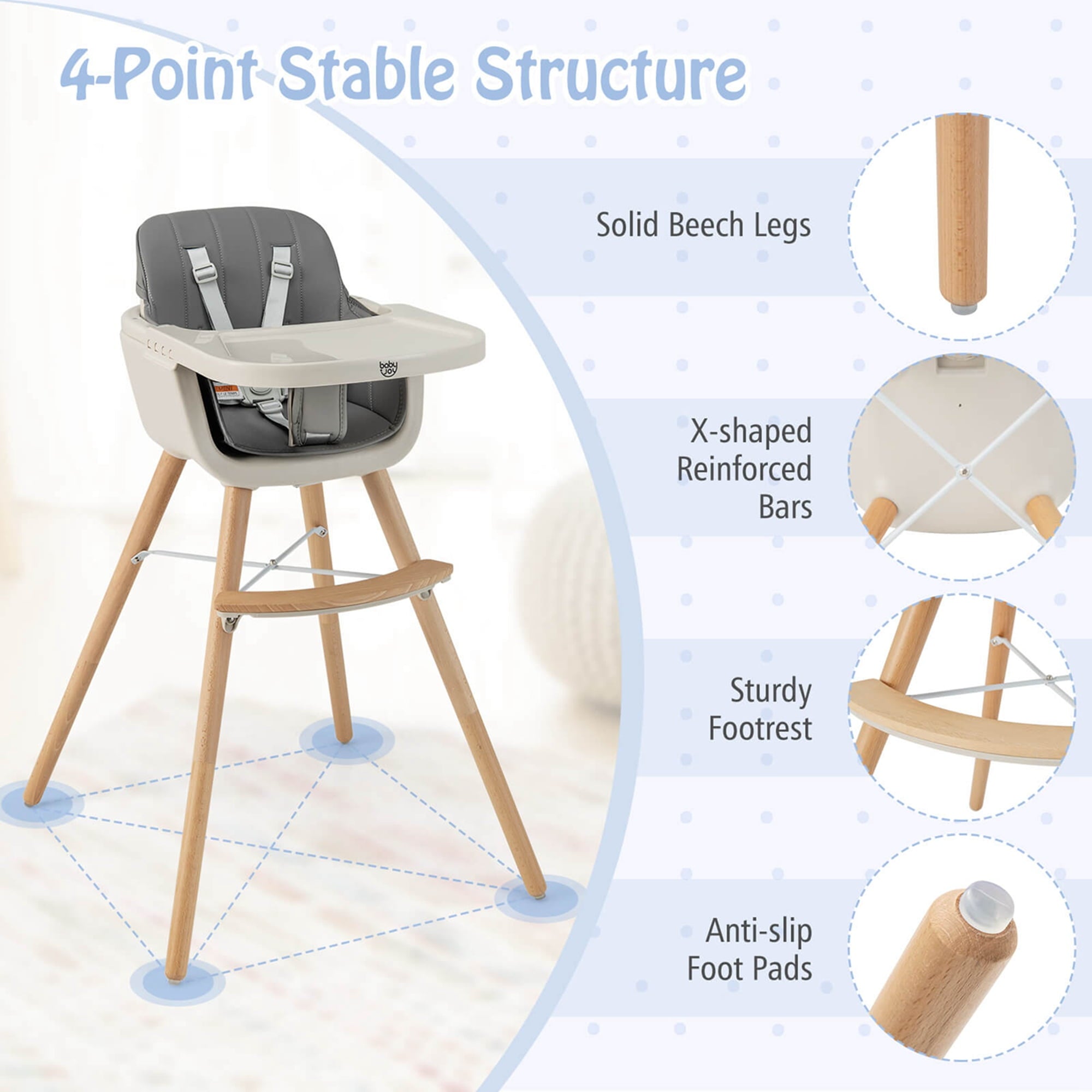 Babyjoy 3 in 1 Convertible Wooden High Chair Toddler Feeding Chair with Cushion Beige