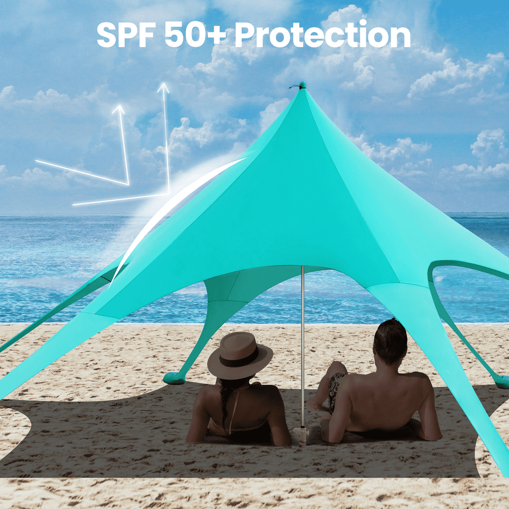 Beach Canopy Tent Sun Shade, VECUKTY 12x12 FT Beach Tent Sun Shelter UPF 50+ UV Protection with Sandbags , 1 Stability Poles and Ground Pegs and Anti-Wind Ropes,Blue