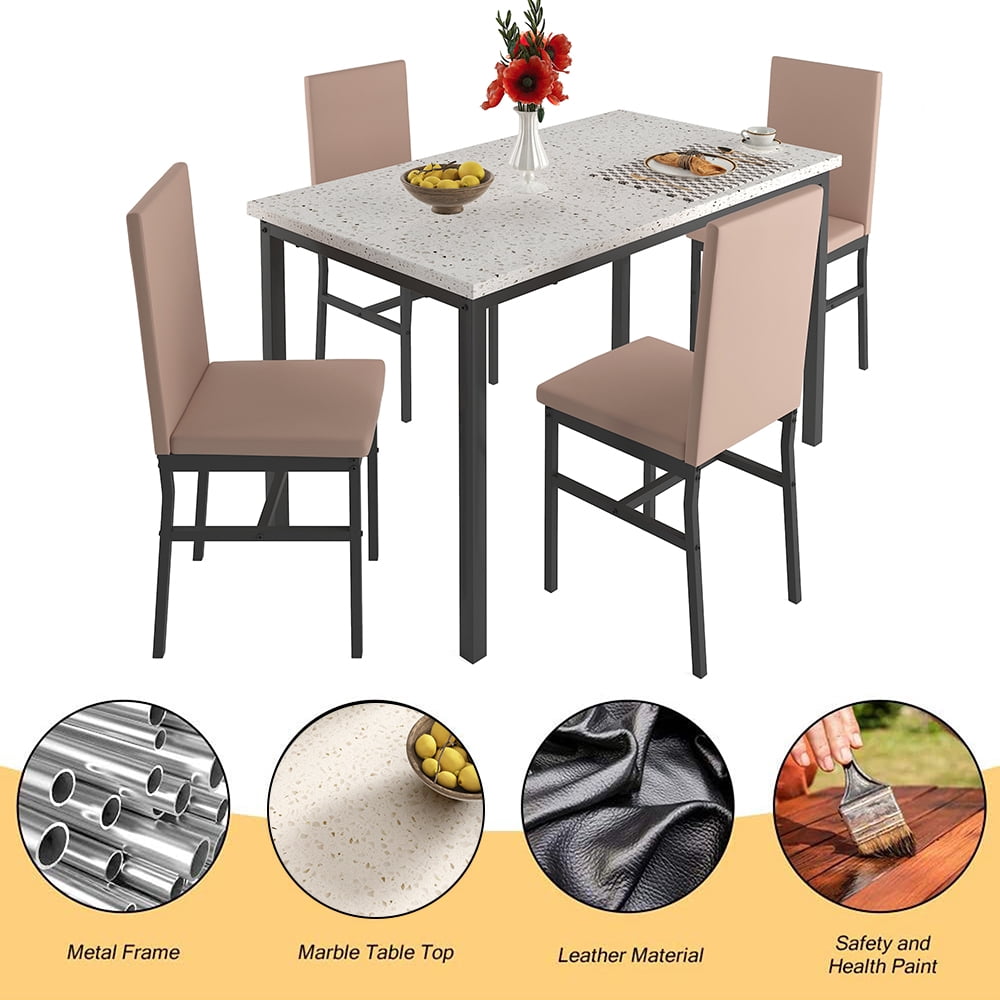 5 Piece Dining Table Set, Modern Faux Marble Tabletop and 4 PU Leather Upholstered Chairs, Rectangle Kitchen Table and Chairs for 4 Persons, Small Dining Set for Bar Dining Room Breakfast Nook