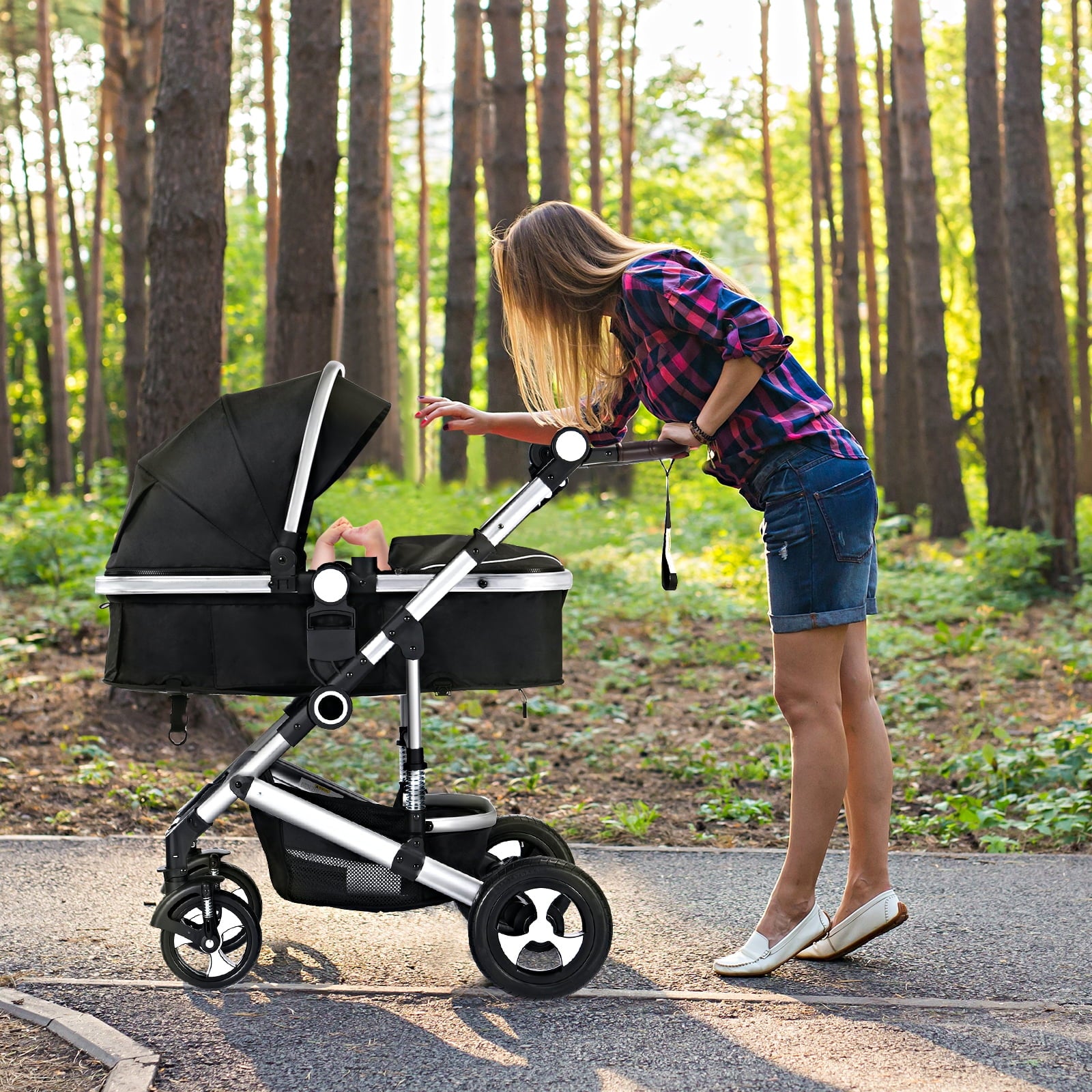 AILEEKISS 3 in 1 Baby Stroller, Convertible Newborn Bassinet Stroller Unisex Infant Carriage, Black