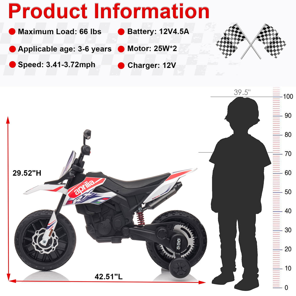 12V Electric Dirt Bike for Kids 3-6, Aprilia Powered Ride on Toy Car with 2 Training Wheels, LED Light, MP3 Player, Child 4 Wheeler Motorcycle for Boys Girls