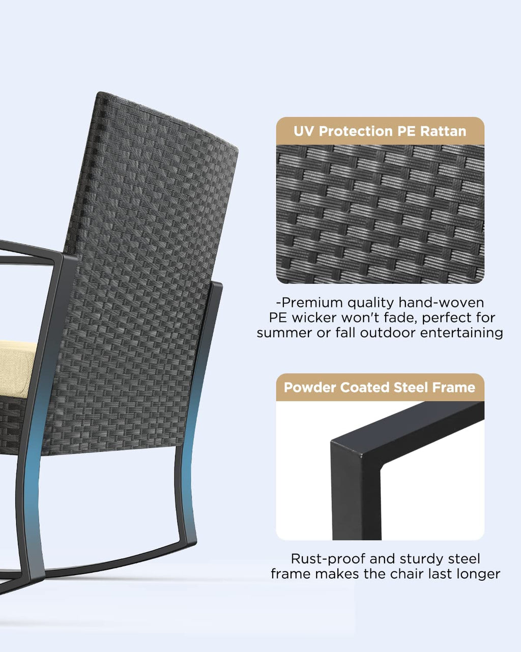 3 Piece Patio Bistro Set, Outdoor Furniture Rocking Chair Set with Glass Table, Beige Cushion