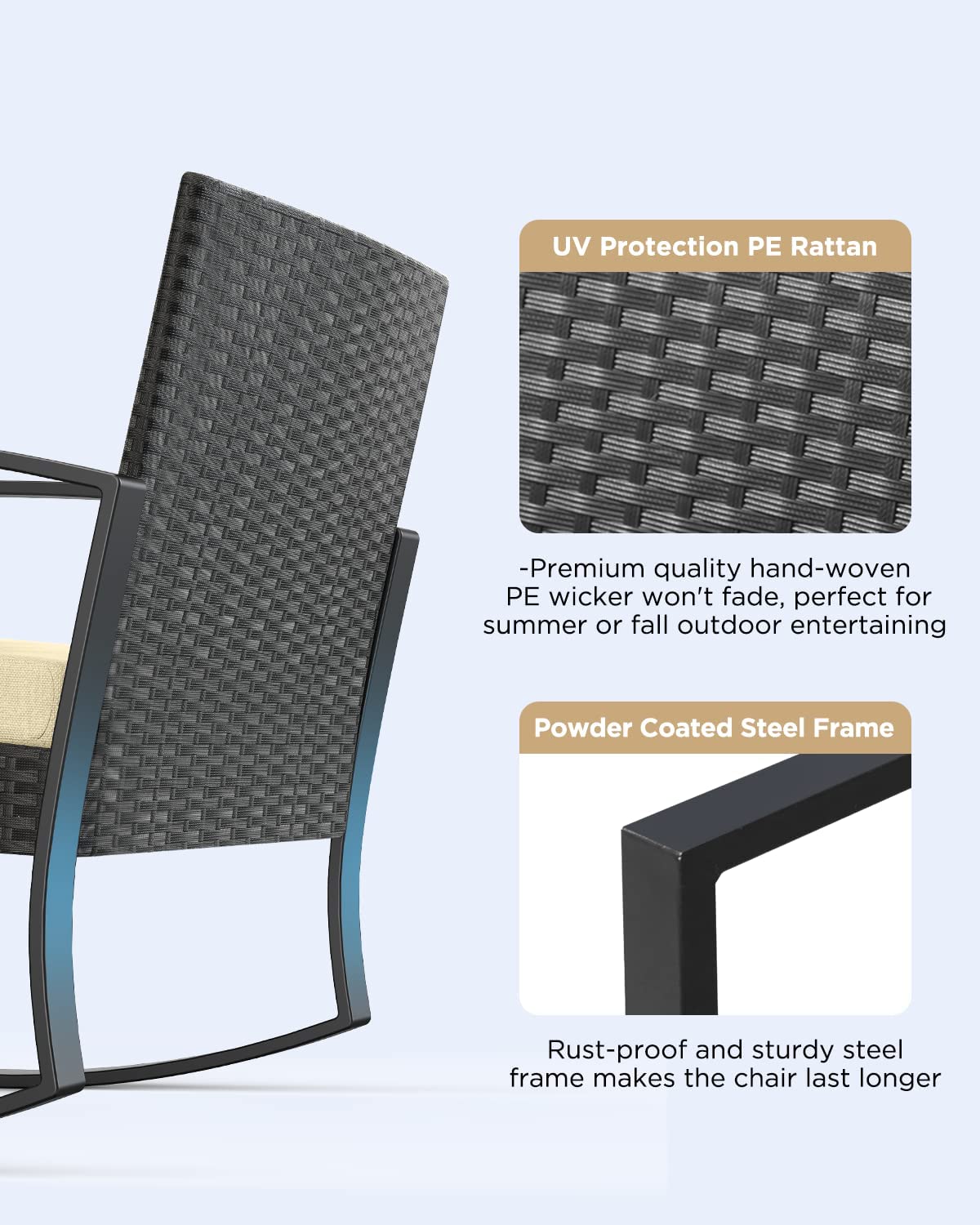 3 Piece Patio Bistro Set, Outdoor Furniture Rocking Chair Set with Glass Table, Beige Cushion