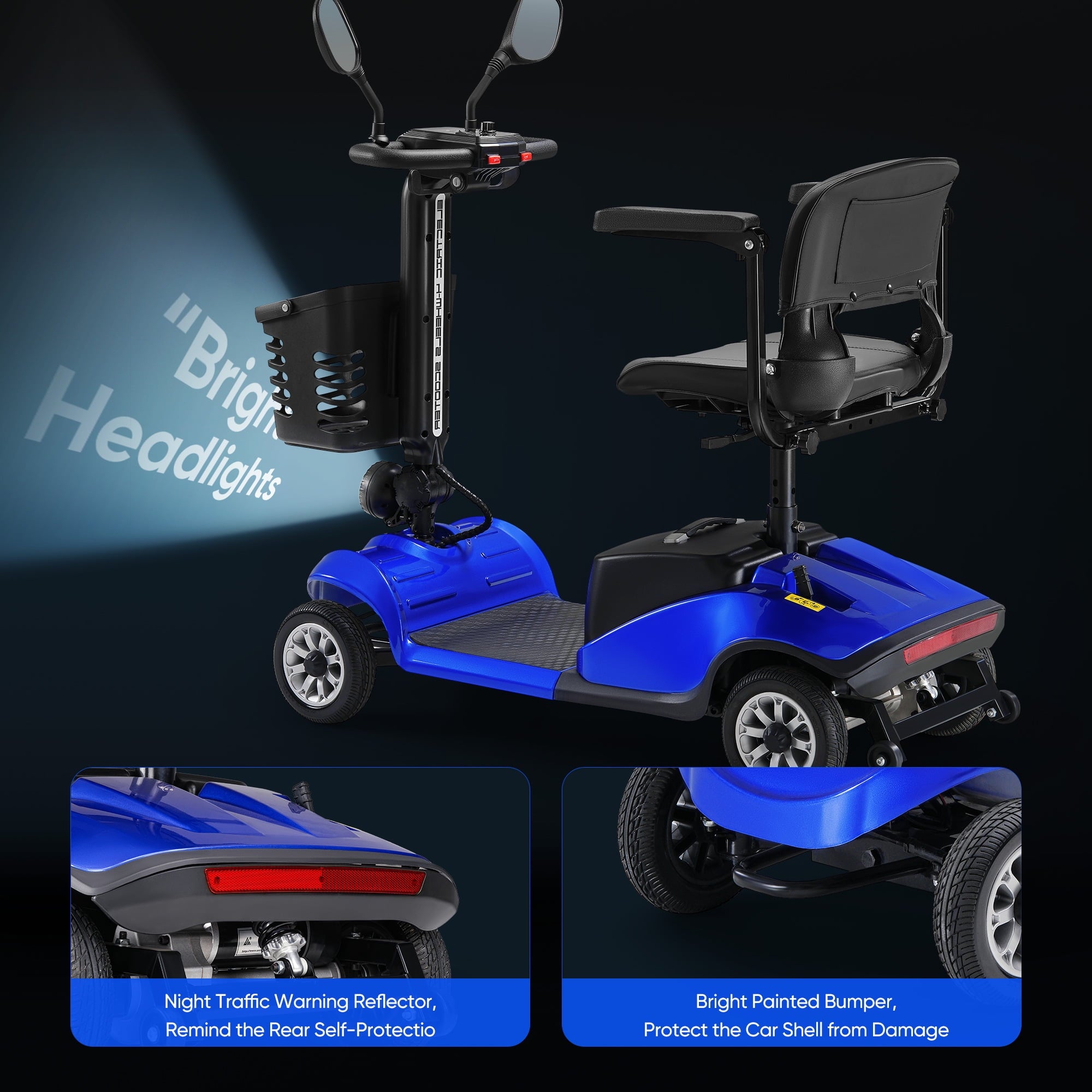 4 Wheels Mobility Scooter Electric Mobility Scooter Wheelchair w/Basket and Extended Battery for Seniors Adults Blue